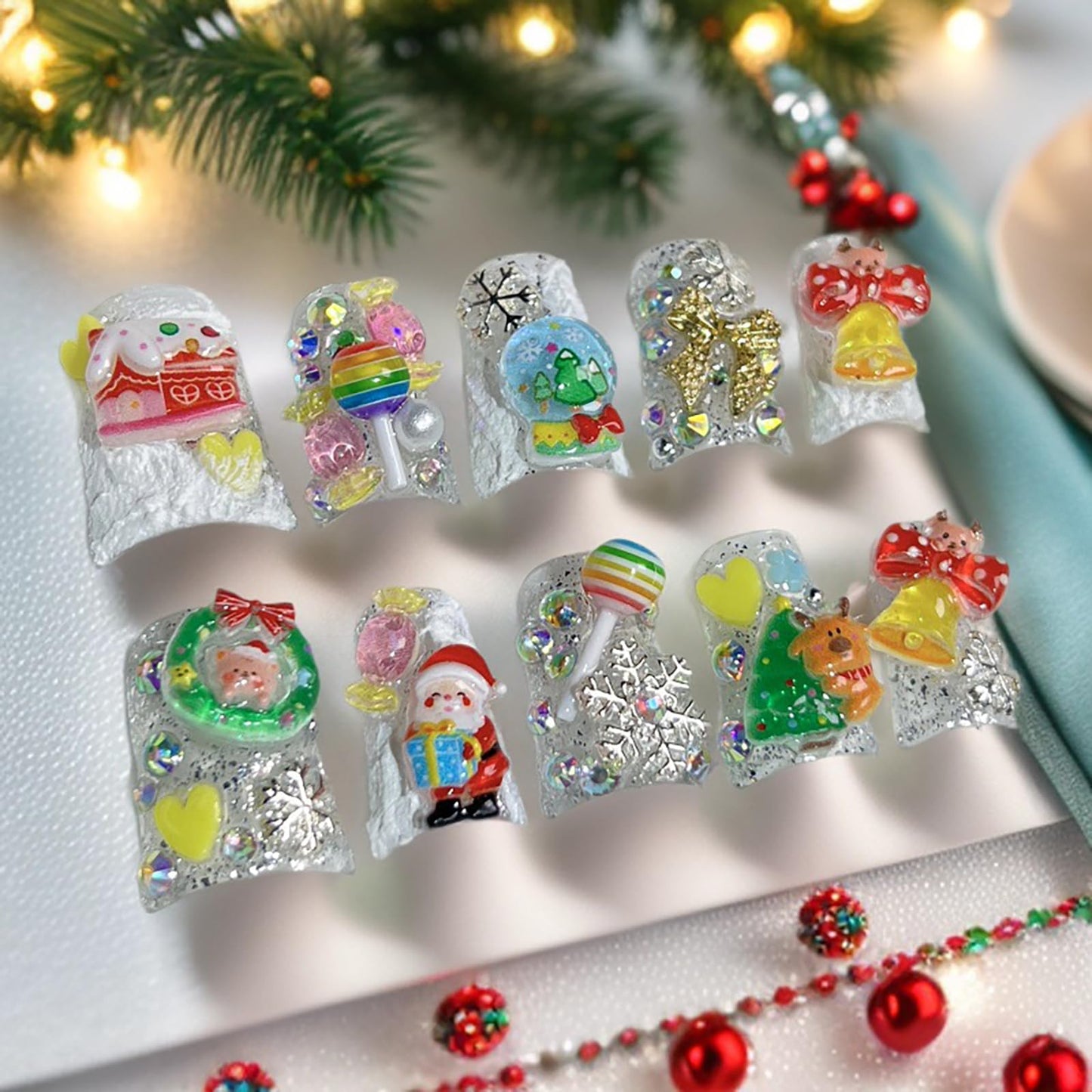 Christmas Luxury Press on Nails Short Duck Handmade 3D Unique Reusable ABS Material Fake Nails Cute False Nails with Santa Reindeer Tree Snowflake Bow Glossy Glue on Nail Thick Acrylic Nail(M)