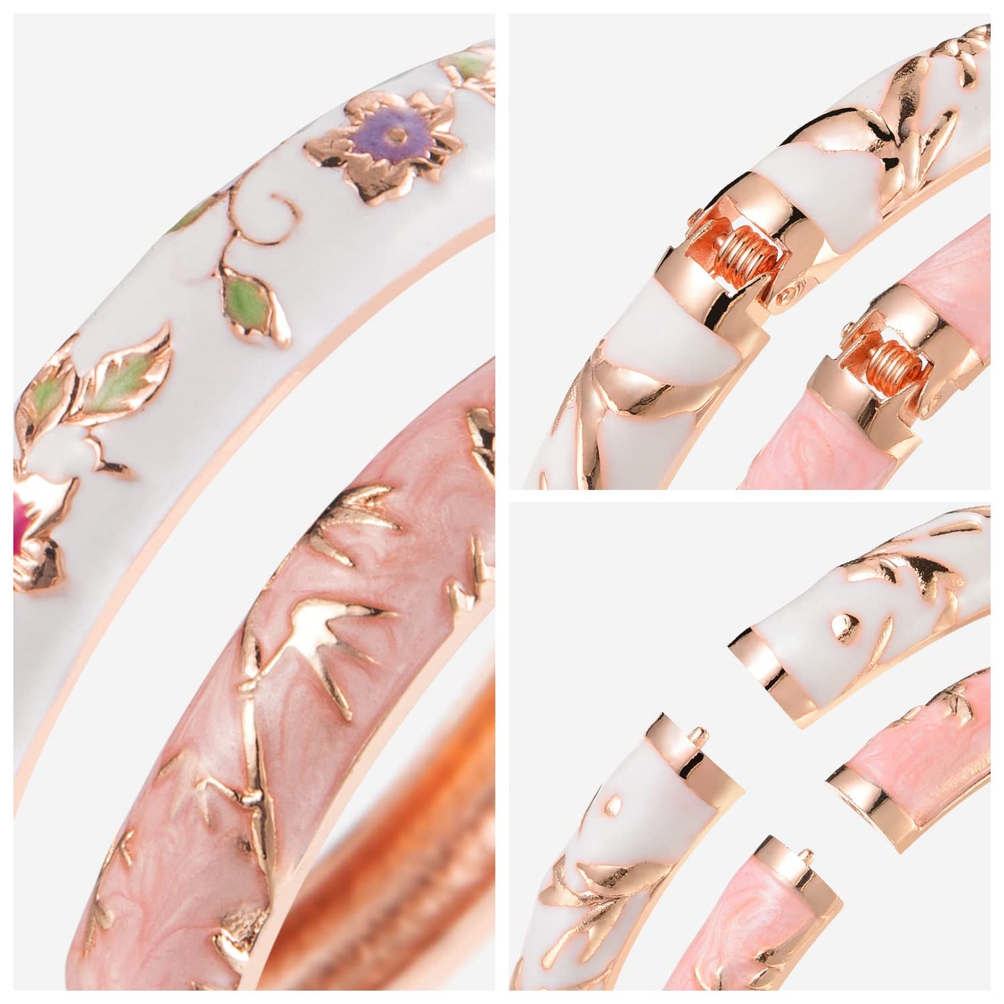 UJOY Elegant Bracelet Plated Enameled Jewelry Spring Hinge Metal Cuff Cloisonne Bangles Set Gift Box Packed 55A117 White Pink