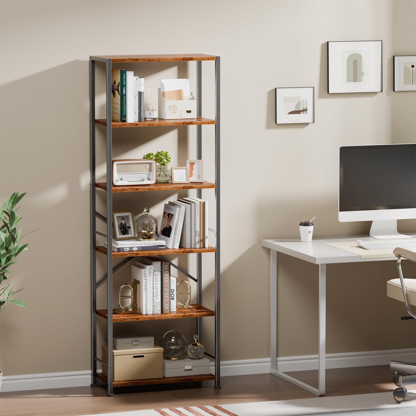 Furologee 6 Tier Book Shelf, Tall Wide Bookshelf, Industrial Open Bookcase, Display Shelves Storage Organizer, Shelving Unit for Living Room, Home Office, Bedroom, Rustic Brown