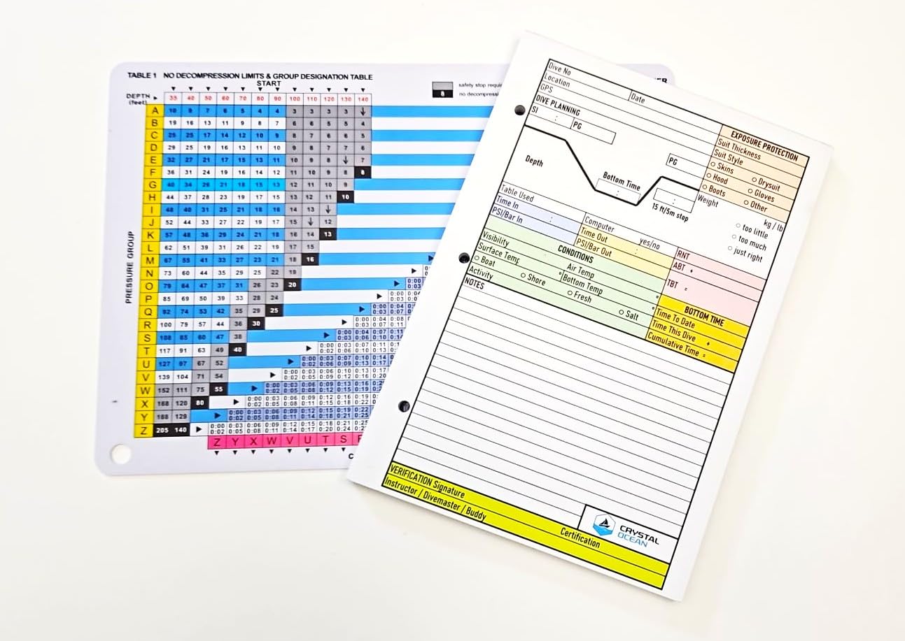 Crystal Ocean Dive Log Sheets (100 logs / 50 sheets) & Imperial No Decompression Waterproof Dive Planner (feet)