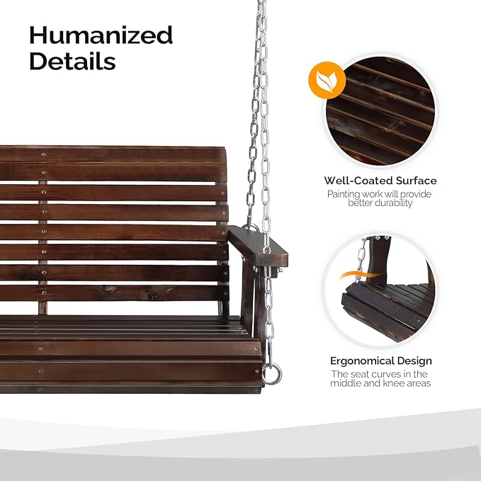 VINGLI Heavy Duty 880 LBS Patio Porch Swing Outdoor PU Painting, Hanging Chair with Adjustable Secure Chains, Finished Outdoor Bench Tree Swing for Yard | Garden | Lawn | Balcony (5 FT, Rustic)