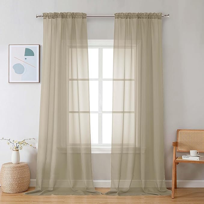 Chyhomenyc Taupe Sheer Curtains 108 Inches Long - Light Filtering Voile Extra Long Panel Drapes for Floor to Ceiling Window, Elegant Soft Living Room Curtains, Each 42Wx108L Inch, 9FT, 2 Panels