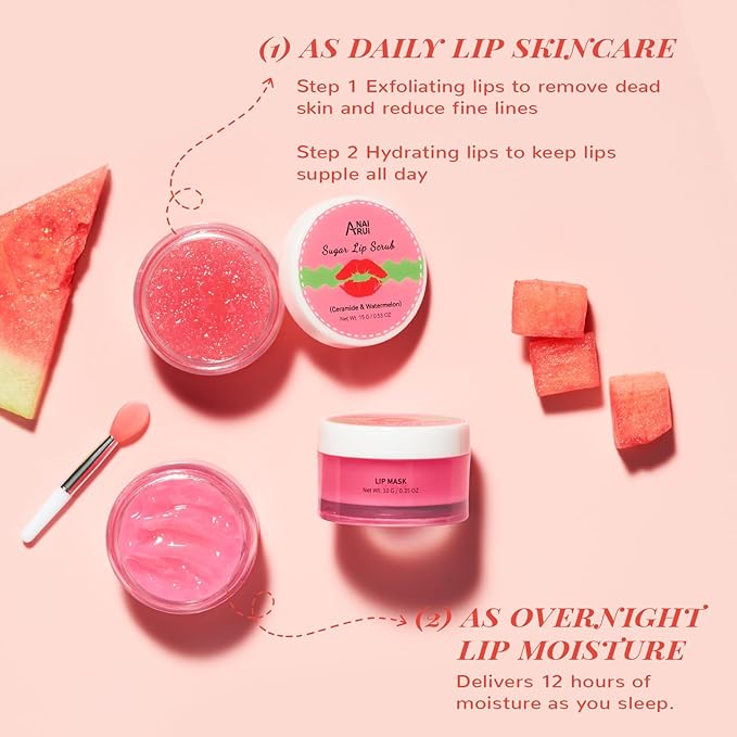 Stocking Stuffers Lip Mask Set, Lip Scrub & Lip Butter, Overnight Lip Treatment Set Enriched With Skin Softening Ceramide & Watermelon and Hydrating Shea Butter, For A Softer & Smoother Pout