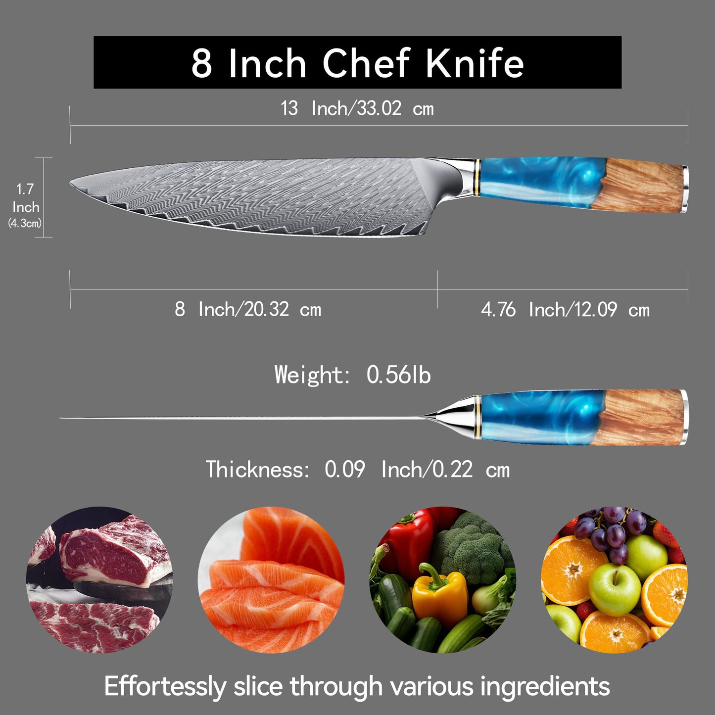 hoforife Chef's Knife, Japanese Damascus Chefs Knife 67 Layers High Carbon VG10 Steel Core with Wooden Ergonomic Handle, Gift Box (8In, Blue Resin)