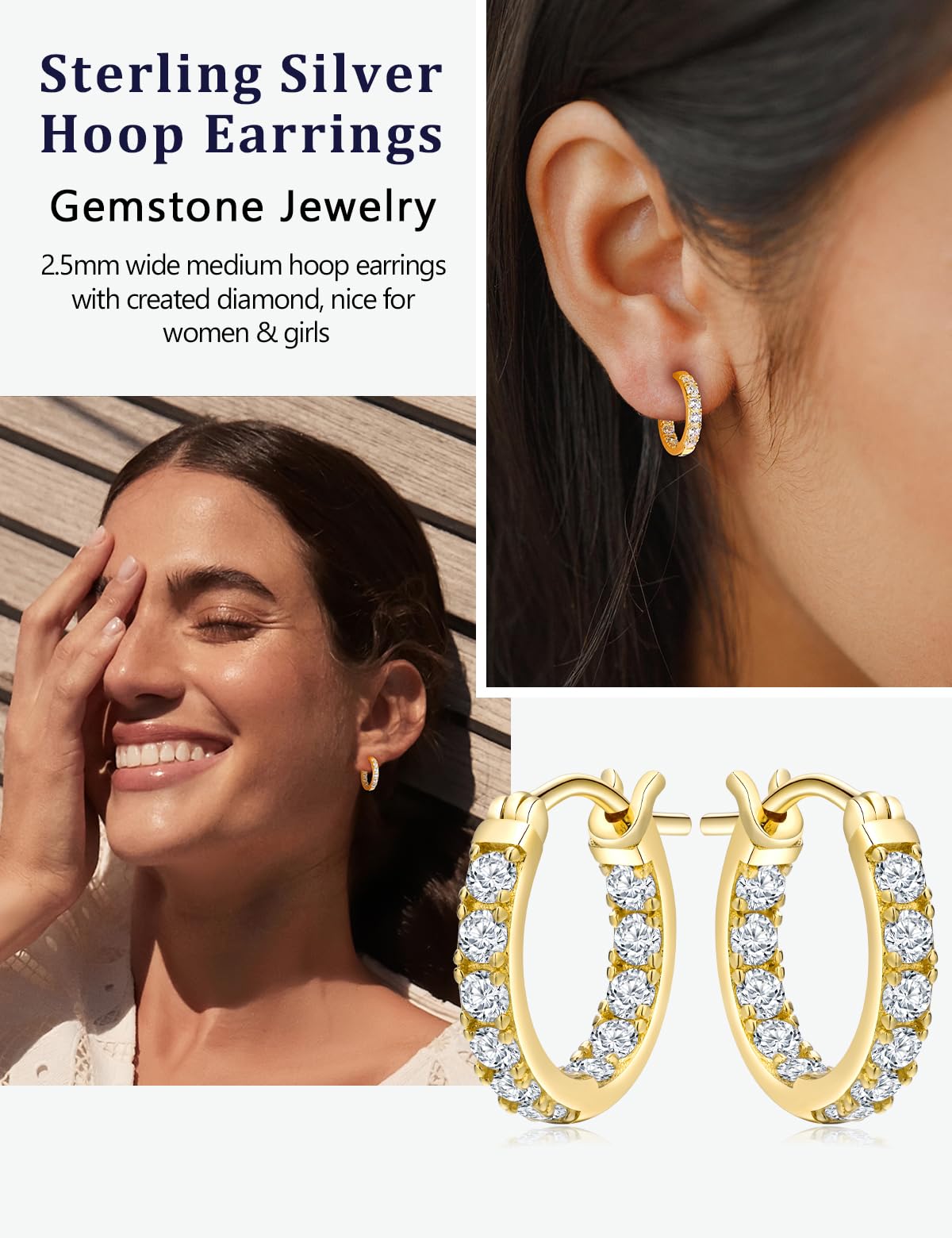 RANDES Cubic Zirconia Small Hoop Earrings for Women 14K Gold Plated Sterling Silver Created Diamond Earring Hoops Chunky Huggie Hoop Earrings