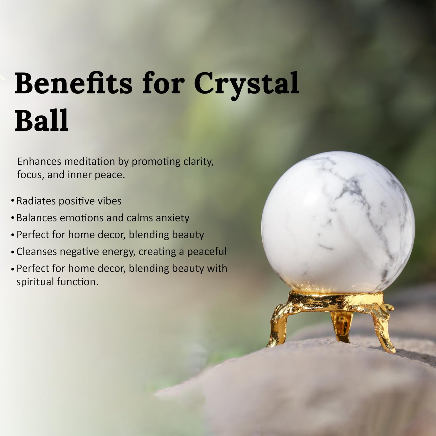 Crocon 45mm Howlite Stone Sphere Ball with Metal Stand 1400+ Carats Gemstone Ball Healing Sphere Sculpture Figurine for Fengshui Divination Home Decoration Photography Crystal Sphere