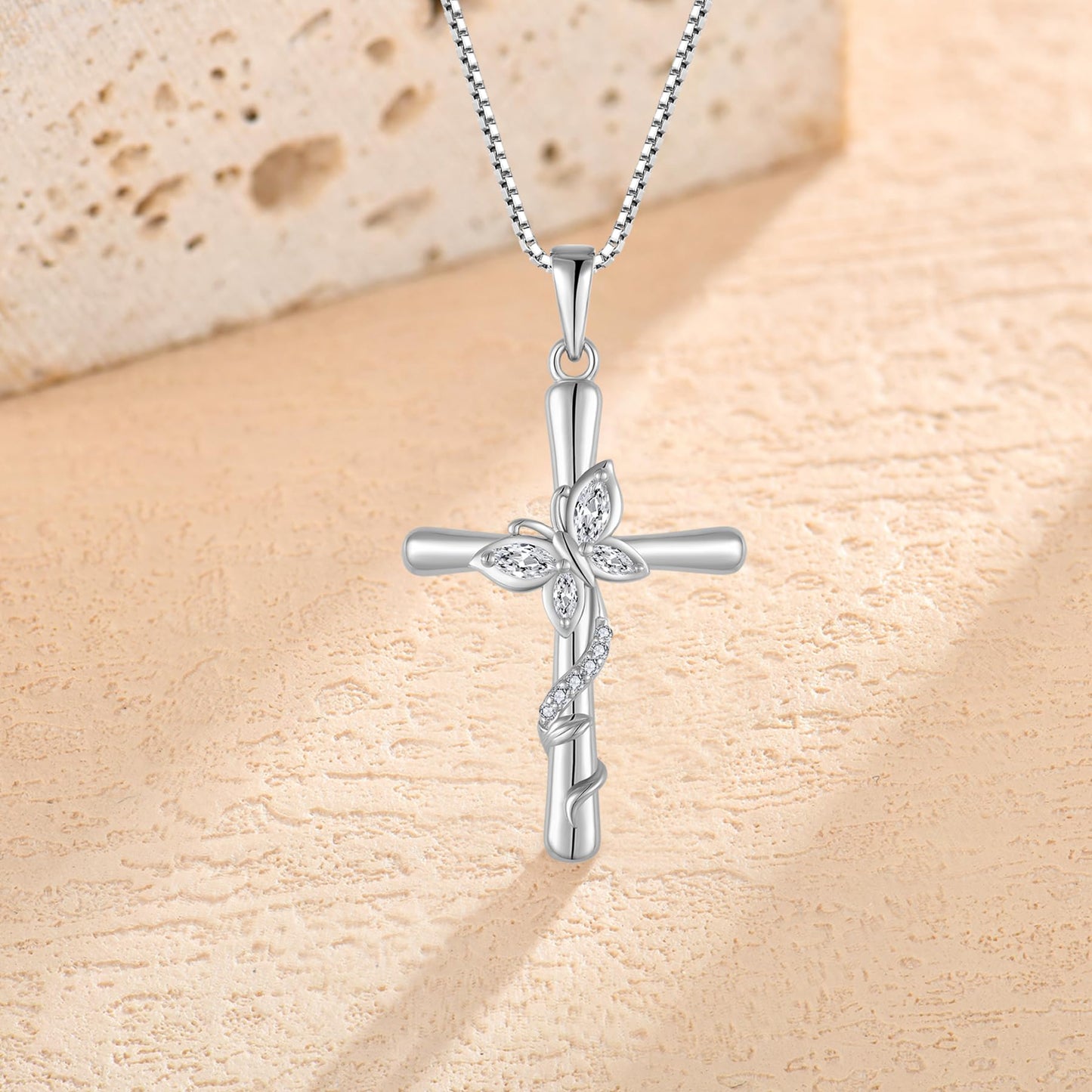 Blaniy Cross Necklace for Women 925 Sterling Silver Butterfly Necklace April Birthstone Pendant Necklaces with Cubic Zirconia Jewelry Gifts for Women