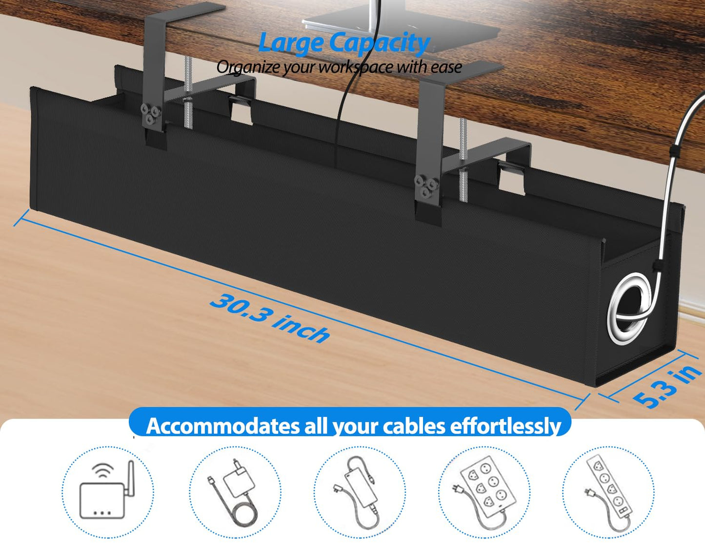 Large Under Desk Cable Management Tray No Drill, Suolaao 30" Cord Organizer with Oxford Fabric, Clamp Mount, Holds 30 lbs, Large Cable Rack for Gaming & Home Office Standing Desk