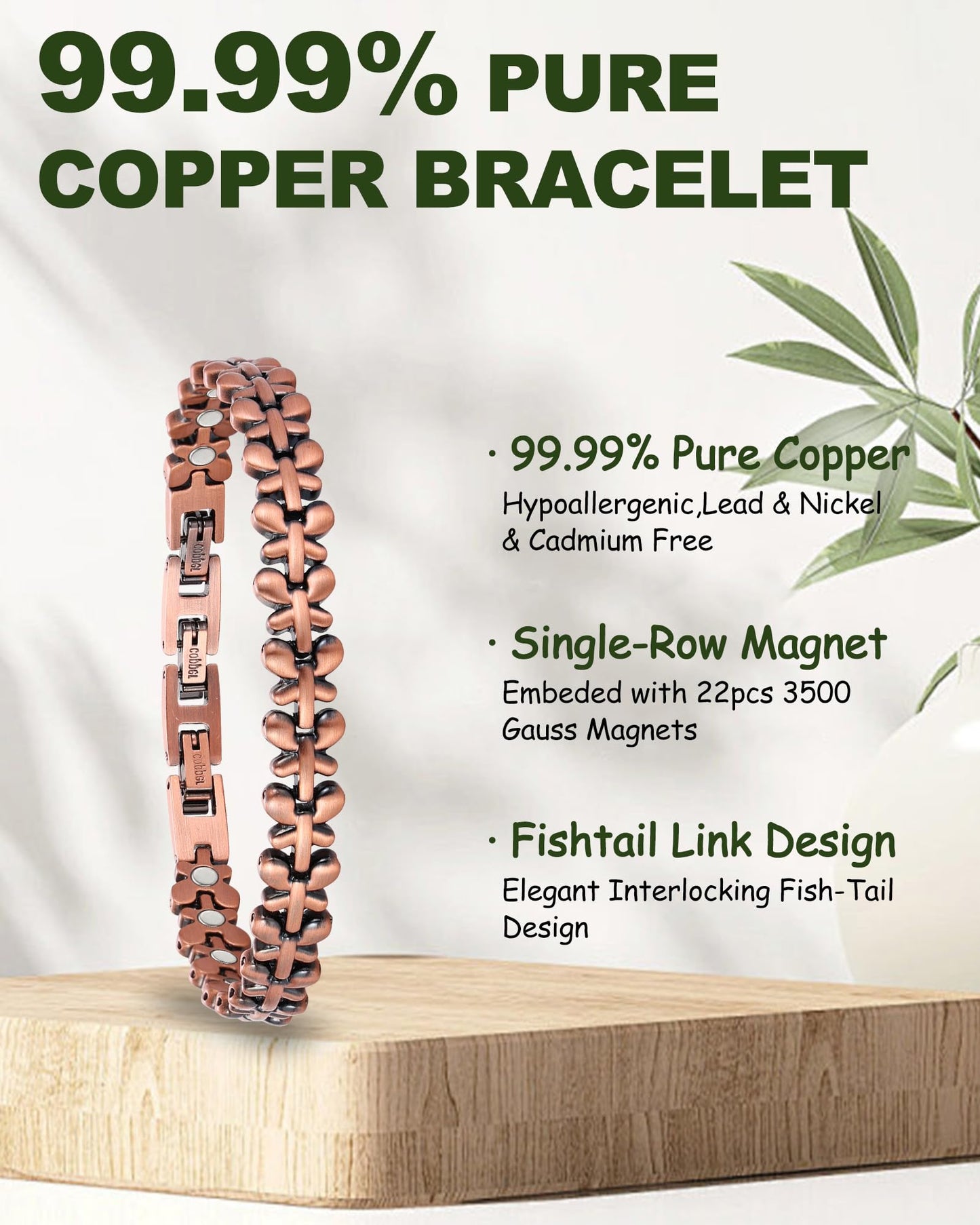 MagEnergy Copper Bracelet for Women, 99.99% Pure Solid Copper Bracelet with 3500 Gauss Magnetic, Adjustable, Jewelry Gift