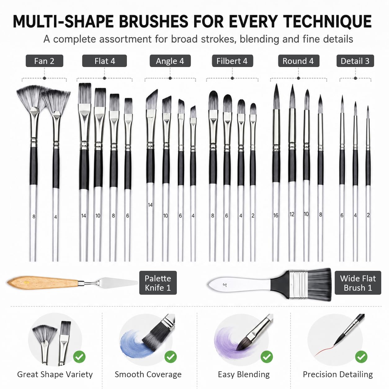 JYN-ANREN 24Pcs Multi-Shape Paint Brushes Set for Acrylic, Oil, Watercolor & Gouache with Palette Knife and Waterproof Canvas Roll, Synthetic Bristles Art Supplies for Artists & Beginners