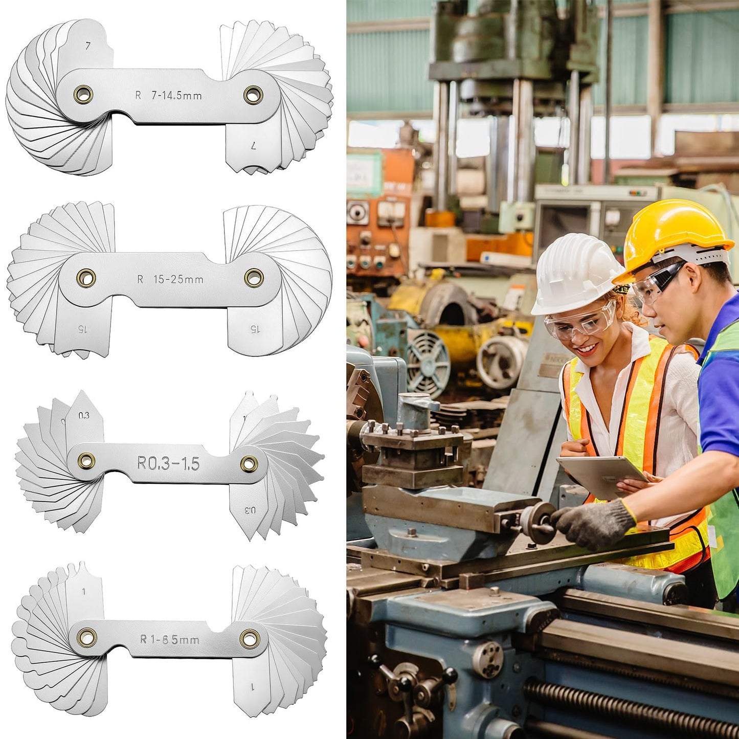 QWORK 4 Pack Radius Gauge Set, Precision Stainless Steel Measurement Tool for Convex & Concave Surfaces, R0.3-1.5mm/ R1-6.5mm/ R7-14.5mm/ R15-25mm
