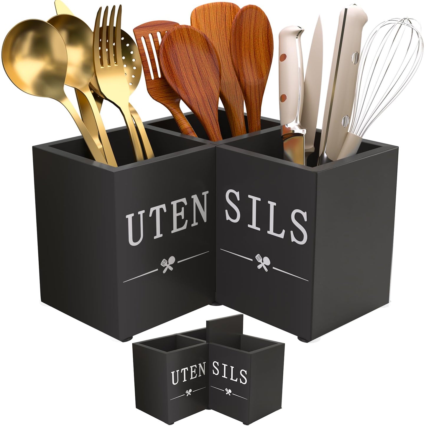 Natheeph Utensil Holder, Kitchen Utensil Holder for Counter, Extra Large Utensil Holder w/ 3-Compartment, Farmhouse Black Utensil Holder with Well-made Wood for Corner Organizer, Housewarming Gift