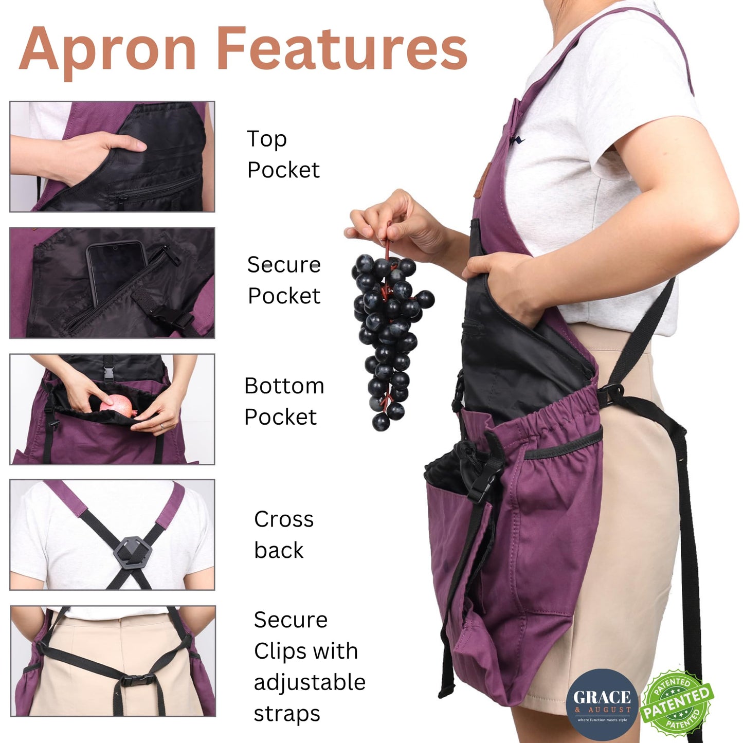 Grace and August Gardening Apron with Pockets for Women & Men - Unique Gardening Gift for Gardeners - Garden Apron 7 Pockets & Internal Drawstring Bag