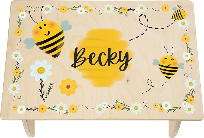 Step Stool for Toddlers- Personalized Wood Kids Step Stool with Name for Kitchen Sink, Bathroom, Potty Training, Toilet, Kitchen Sink- Sturdy and Safe- Made in USA by BloomOwl (Bee)