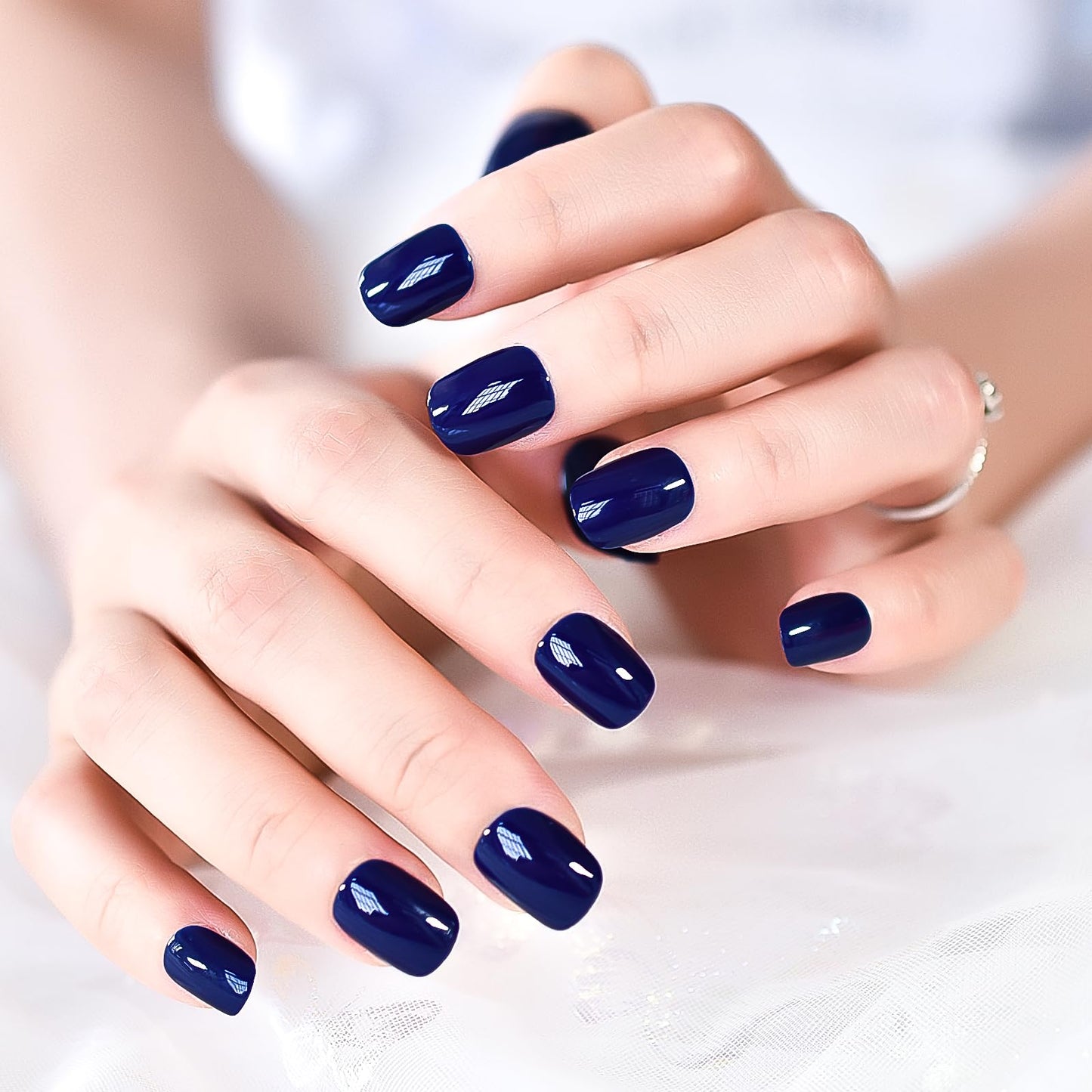 Royal Blue Press on Nails - iBeautying False Nails - Dark Blue Solid Finish Finger Daily Wear Nail - Medium Short Square Acrylic Reusable Fake Nails 24pcs