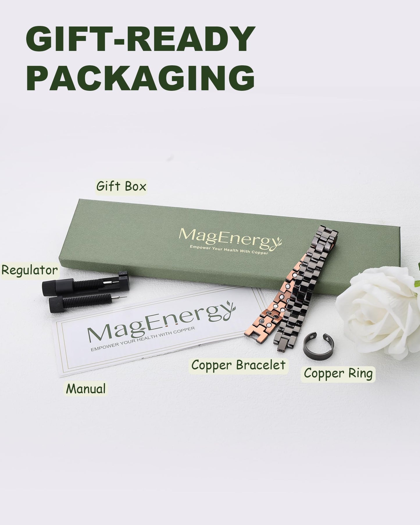 MagEnergy Mens Copper Magnetic Bracelets & Lymphatic Drainage Ring, 99.9% Pure Copper Bracelet with Double-Row Strength Magnets, Adjustable Jewelry with Sizing Tool