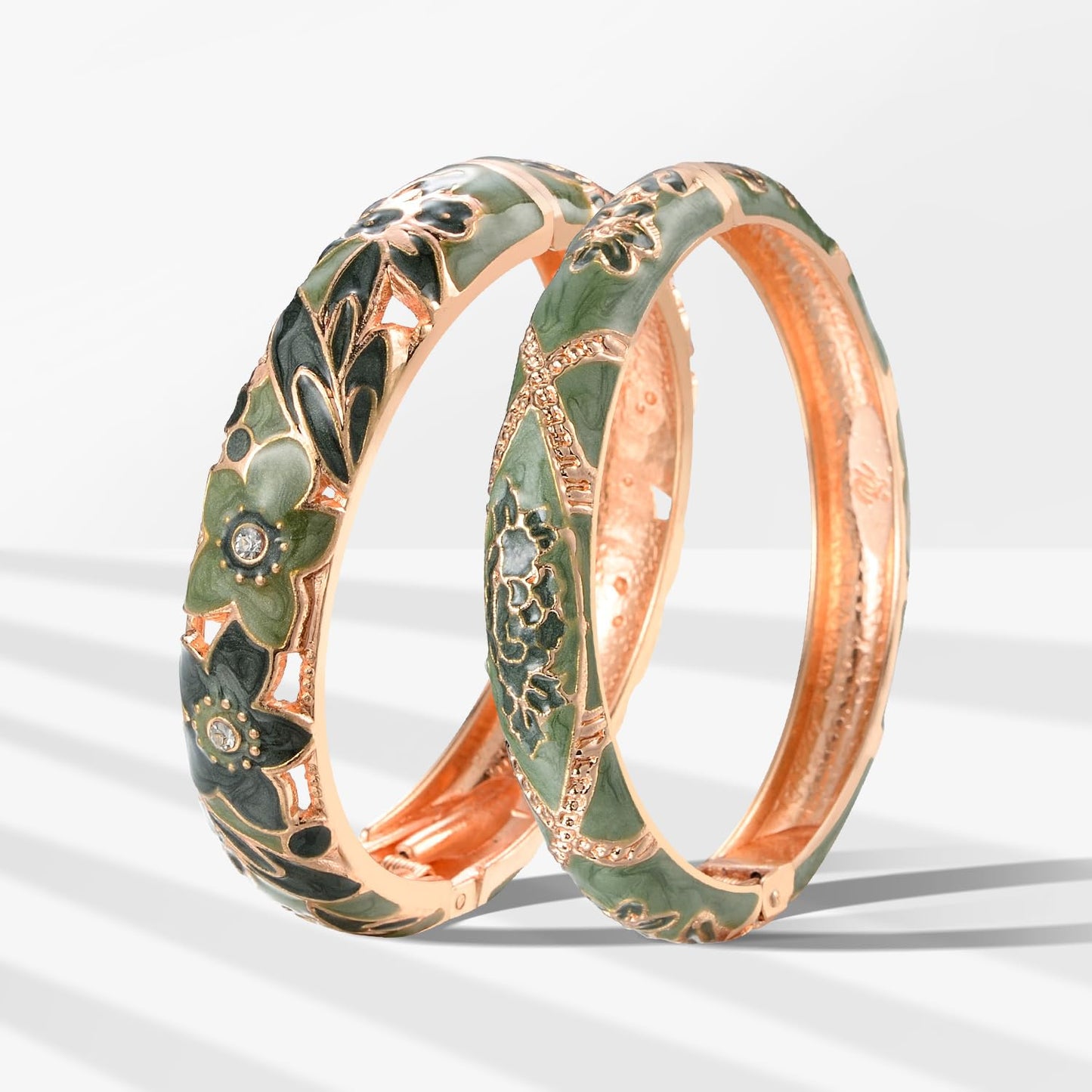 wynameleri Vintage Jewelry Cloisonne Handcrafted Enameled Gorgeous Rhinestone Flower Hinged Cuff Bracelet Bangles Gifts 88A11-55A128 Green