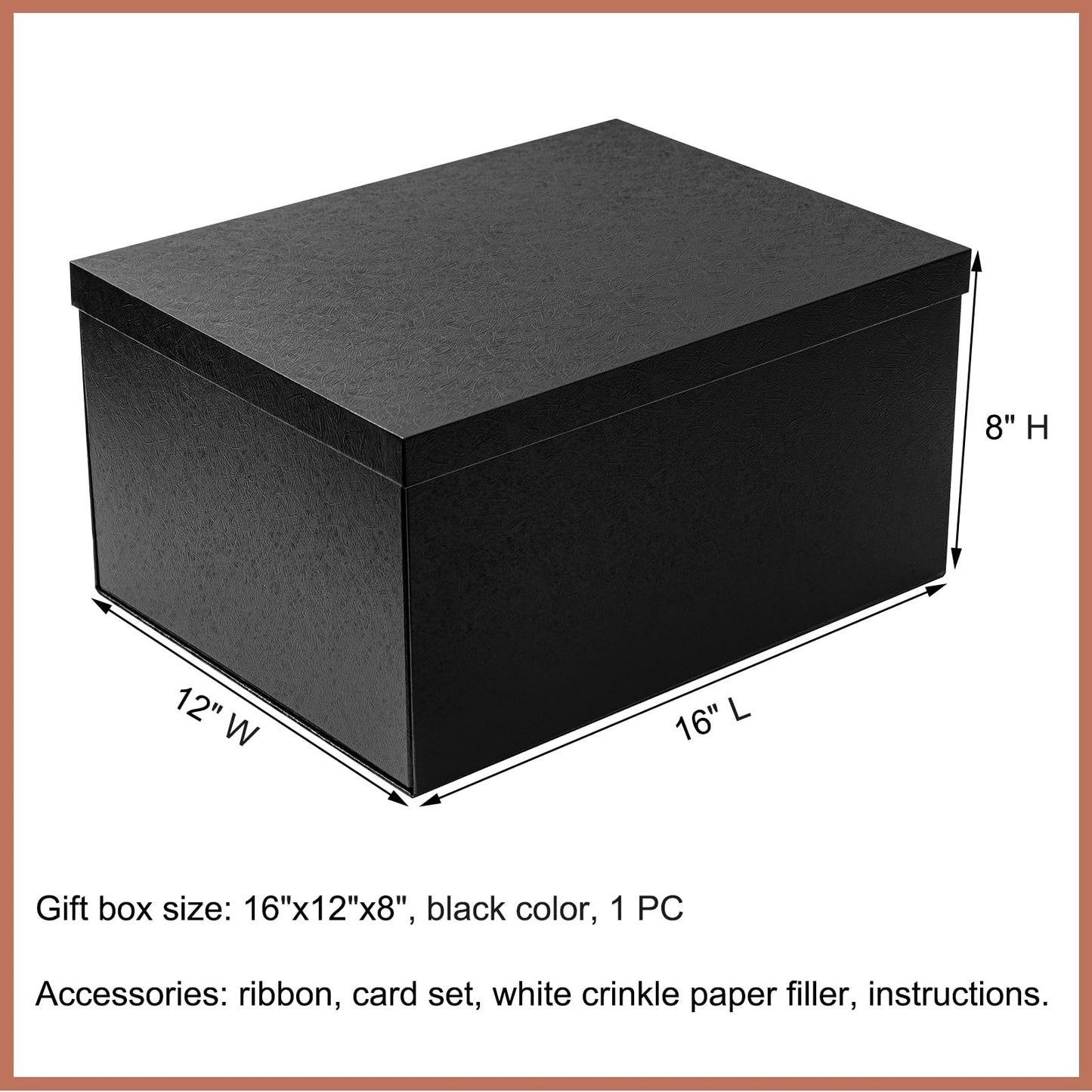 Mefleet 16x12x8 Inches Large Gift Box with Lid for Presents Big Deep Black Gift Boxes 1 Pack for Christmas, Birthday, Valentine's Day,Mother's Day Presents - Contains Crinkle Paper,Ribbon and Card