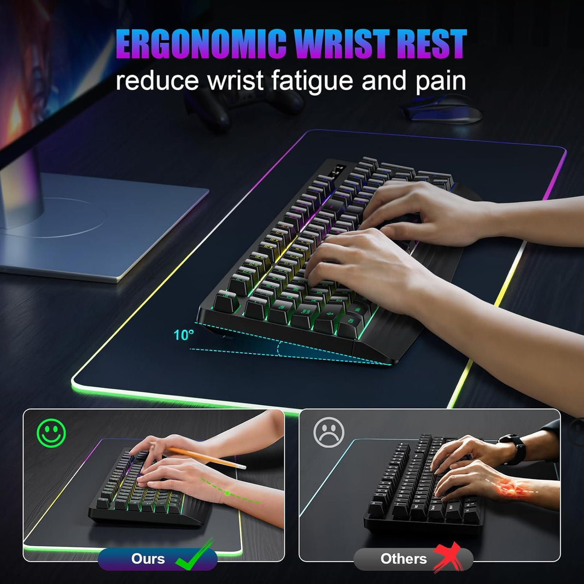 Wireless Gaming Keyboard, RGB & Single-Color Backlit, Full-Size Waterproof Computer Keyboard, Silent Keys, Wrist Rest, Sleep Mode, Rechargeable 2.4G Wireless Keyboardfor Windows, Mac, PC, Laptop