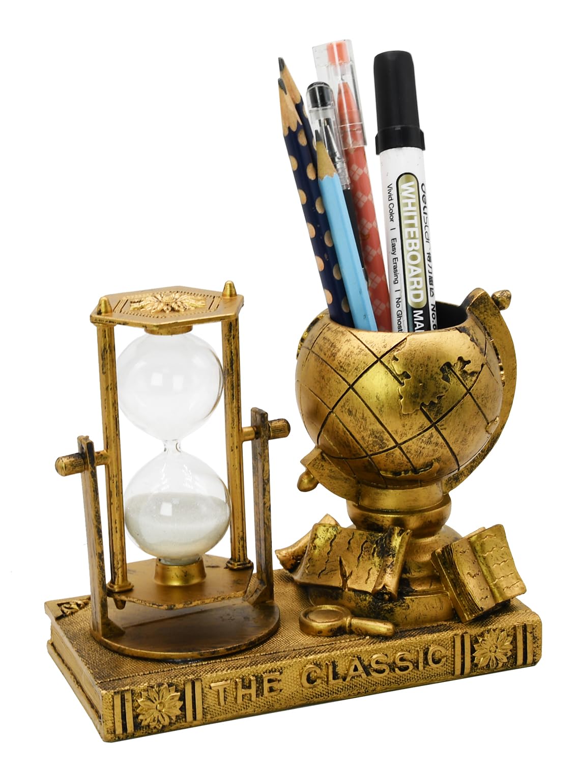 Globe-Themed Pencil Holder with Hourglass, Resin Desktop Organizer for Office & Study, Pen Holder with Sand Timer, Classic Globe Addition Scissors Storage, Artistic Gift for Travel Lovers