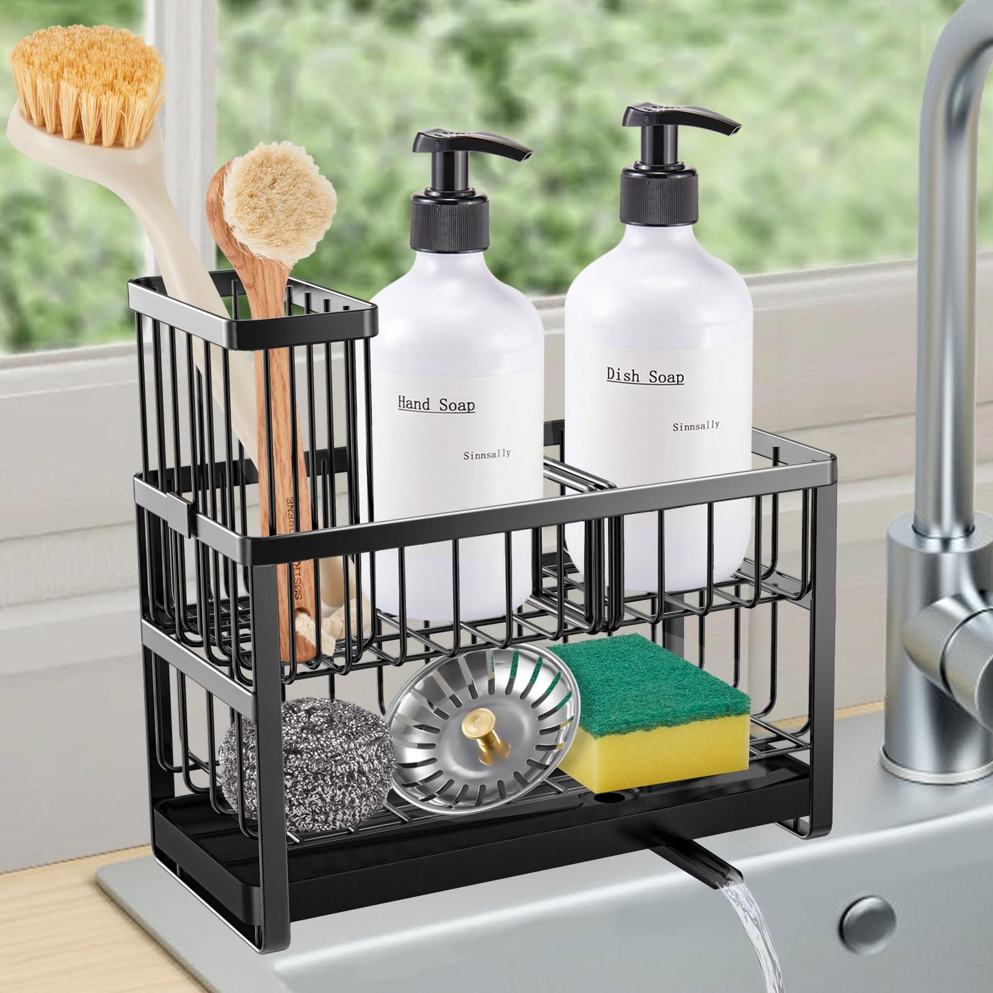 Sinnsally Kitchen Sponge Holder,Sink Caddy Organizer with High Brush Holder,Stainless Steel Sink Box Dish Scrubber Holder,Soap Tray for Kitchen Counter Accessories & Storage Rack(2 Tier - Black)