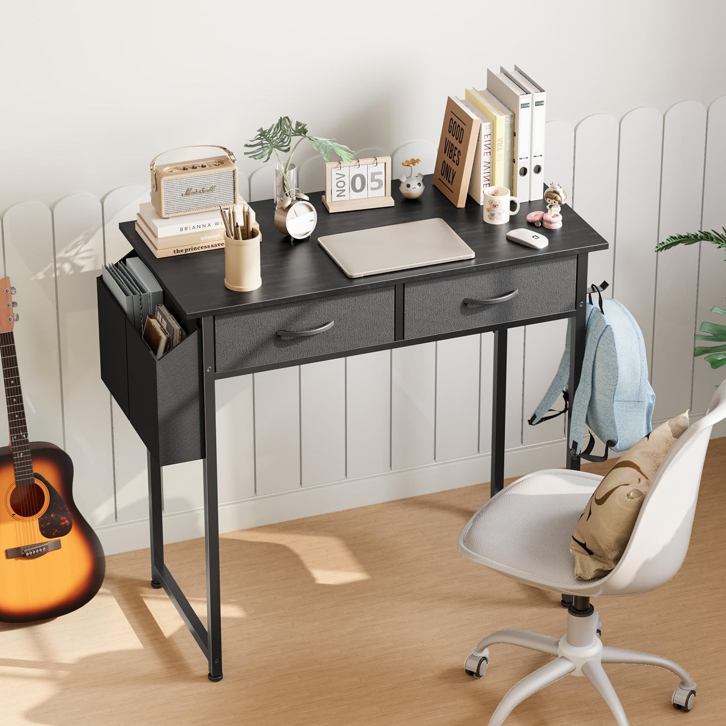 Sweetcrispy Small Desk with Fabric Drawers for Bedroom Home Office, 32 Inch Computer Gaming Desk Writing Study PC Table with Side Bag Headphone Hook Metal Frame Adjustable Feet,Pure Black