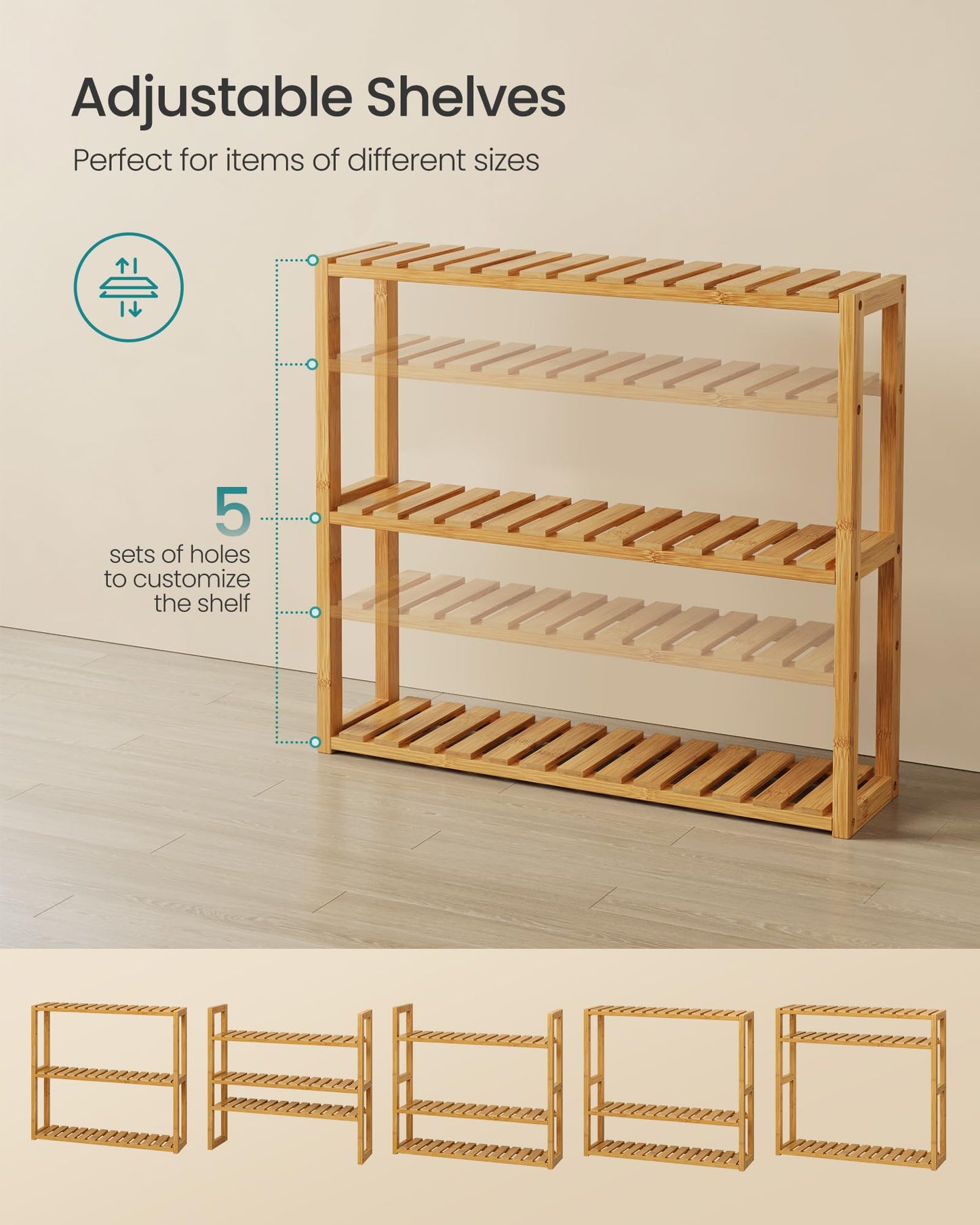 SONGMICS Bamboo Bathroom Shelf, 3-Tier Adjustable Plants Rack, Wall-Mounted or Stand, in the Living Room, Balcony, Kitchen, 5.9 x 23.6 x 21.3 Inches, Natural UBCB13Y