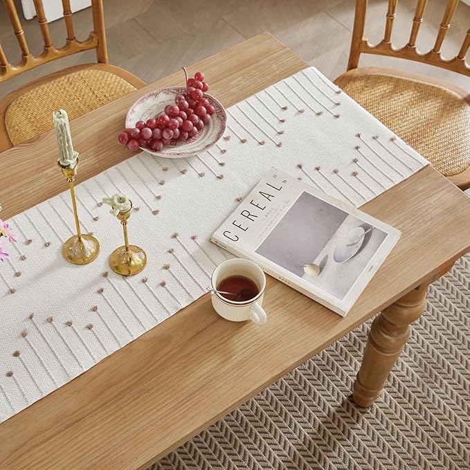 Wracra Boho Table Runner, Natural Cotton Woven Macrame Table Runners 108 Inches Long for Modern Farmhouse Woven Home Decor, 14x108 Inch, Taupe