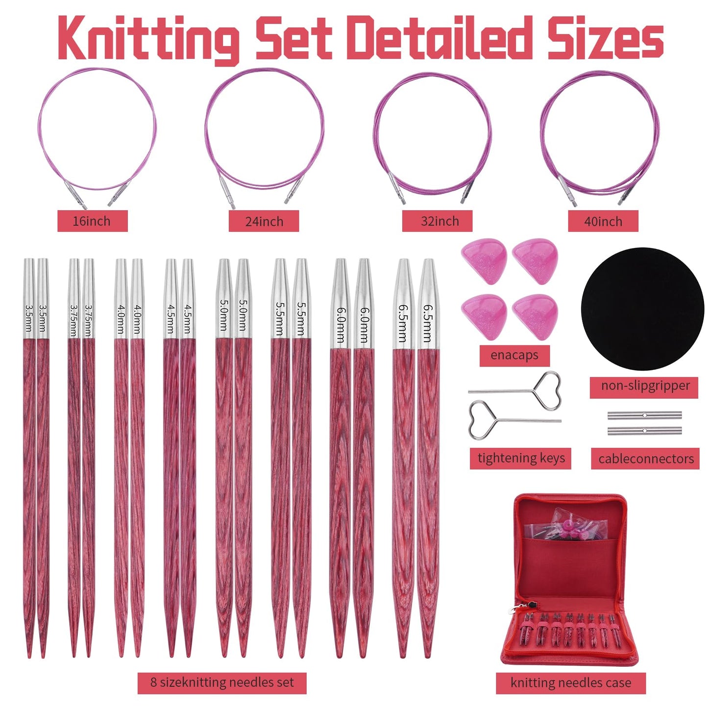 Weabetfu 4.3-inch (11cm) Interchangeable Circular Knitting Needles Set Birch Wood Circular Needles US Sizes 4,5,6,7,8,9,10,10.5 with Round Knitting Needle with Flexible Cables,8 Pairs