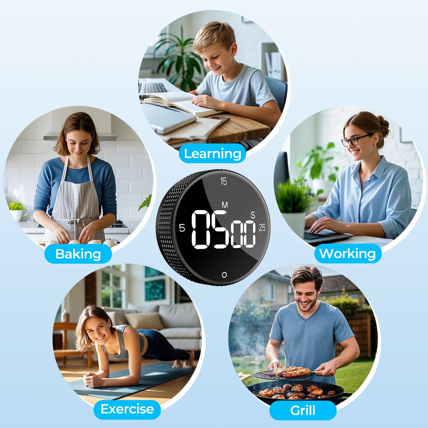 Allbean Magnetic Kitchen Timer for Cooking with Loud Alarm - Large LED Display Rotating Countdown Pomodoro Timer, Preset 5/15/25 Mins Easy for Seniors and Kids，for Baking Grilling Studying