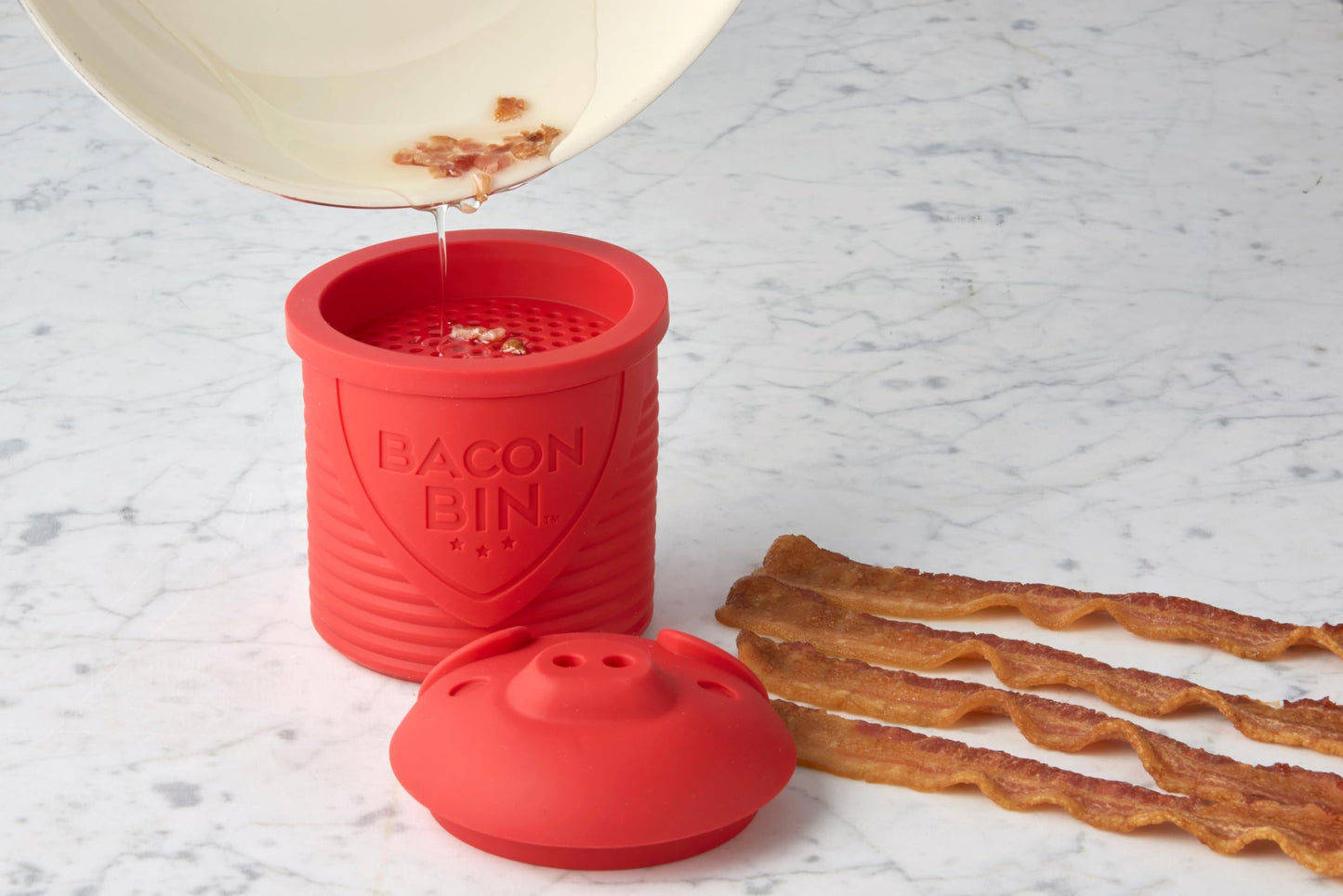 Talisman Designs Bacon Bin Grease Strainer & Collector | Family Friendly Kitchen Tools | Fun & Functional Silicone Grease Container | Holds up to 1 Cup | Red