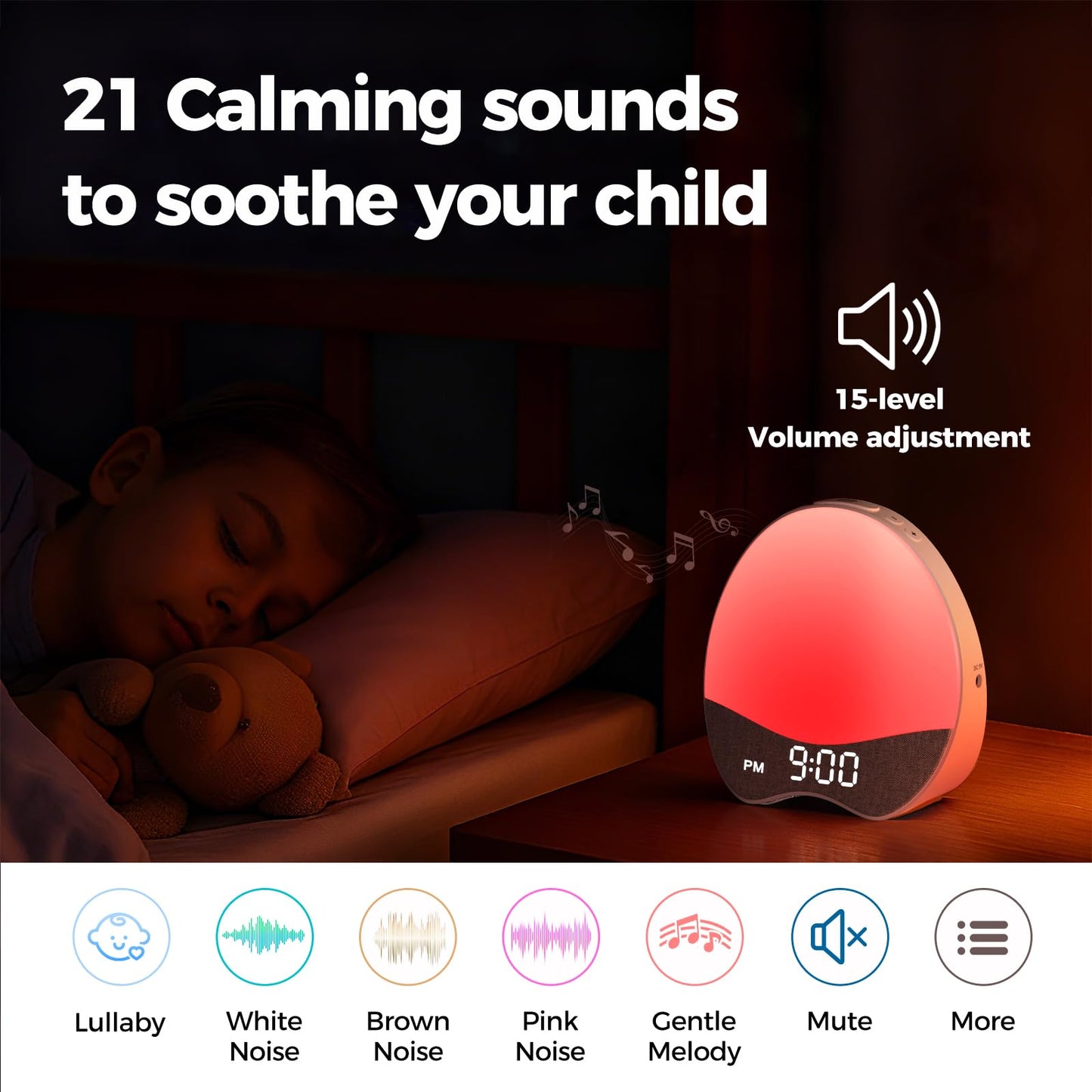 Ok to Wake Alarm Clock for Kids, Sleep Trainer with Night Light, White Noise Sound Machine, Dimmable Digital Display, 21 Soothing Sounds, Gentle Wake-up, Child Lock, for Kid, Toddler, Bedside, Bedroom