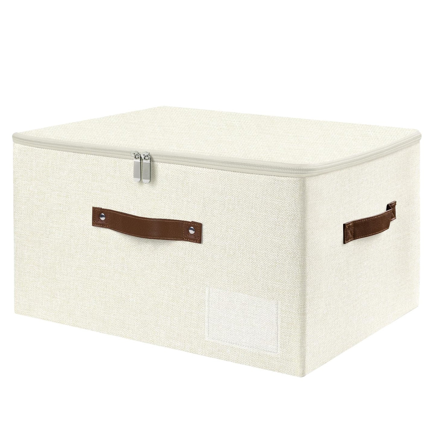 ANMINY Storage Bins with Zipper Lid Storage Boxes with Label Holder PU Leather Handles Washable Foldable Decorative Lidded Cotton Linen Fabric Cubes Baskets Closet Organizer - Beige, Large