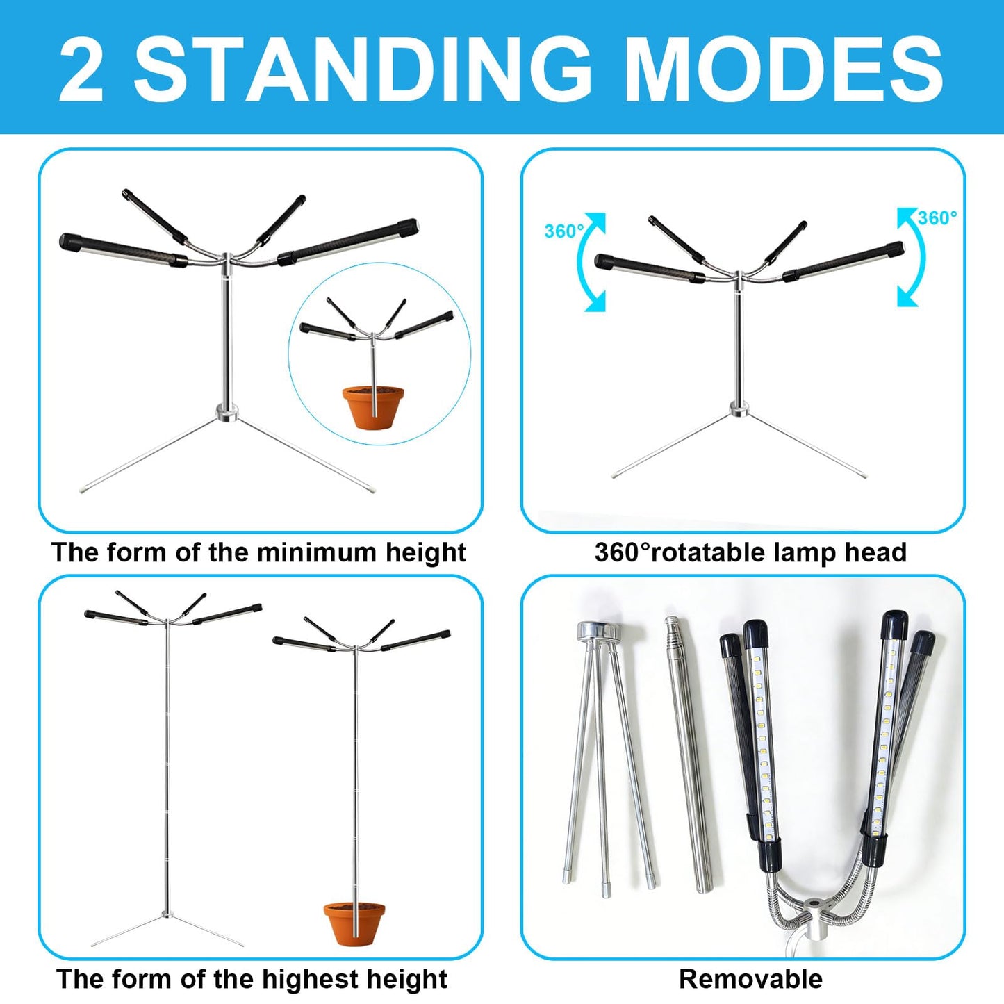 Grow Light for Indoor Plants, Full Spectrum Halo Growing lamp with Detachable Base, 15-62 Inches Height Adjustable Dsektop and Standing Plant Growing Lamps, 8/12/16H Timer, 10 Dimming, Automatic Timer