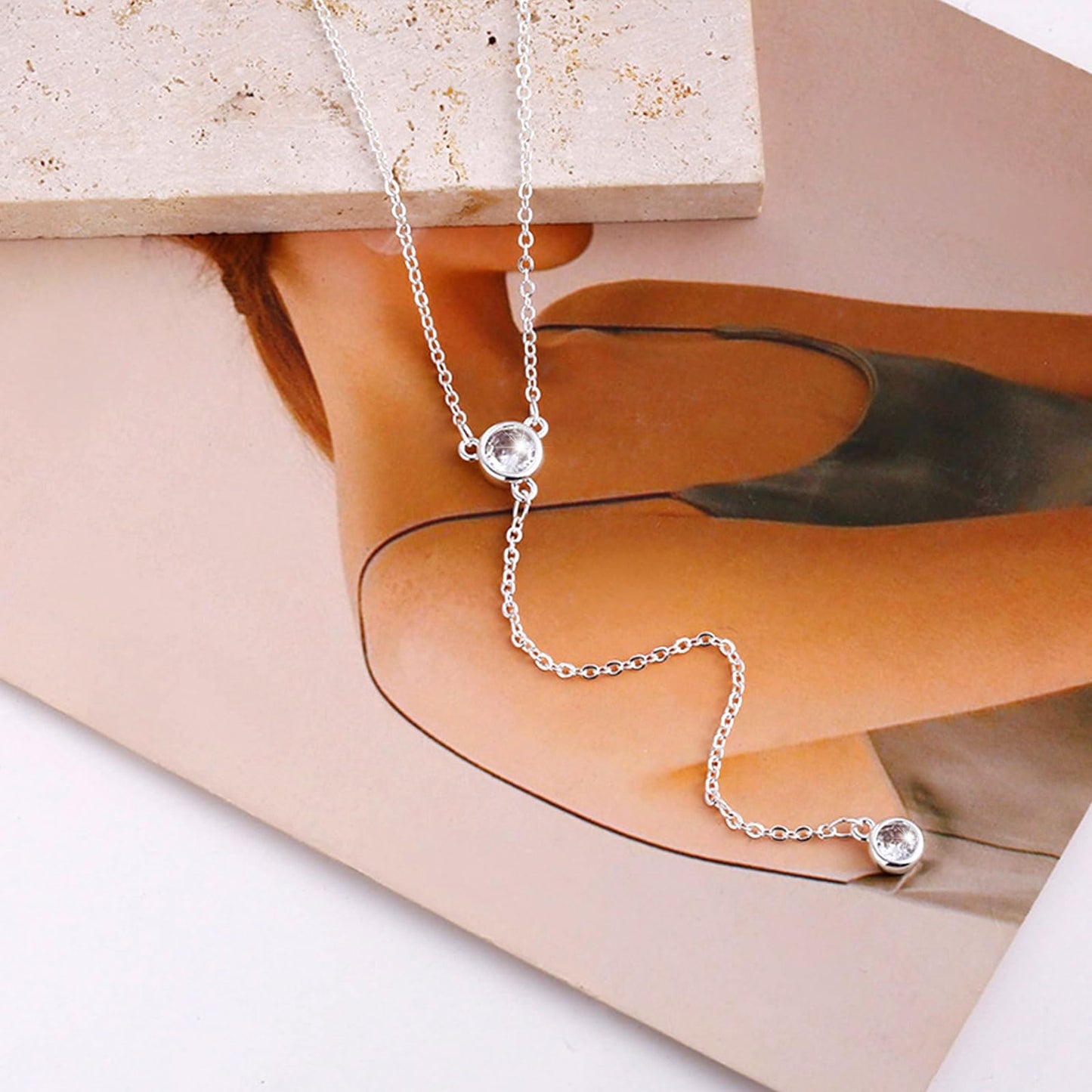 Zeffy Long Silver Necklace for Women- Dainty Silver Plated Teardrop Drop Lariat Necklace Trendy Simple CZ Y-Shaped Body Chain Stack Wedding Prom Dangle Statement Necklace Jewelry Gifts