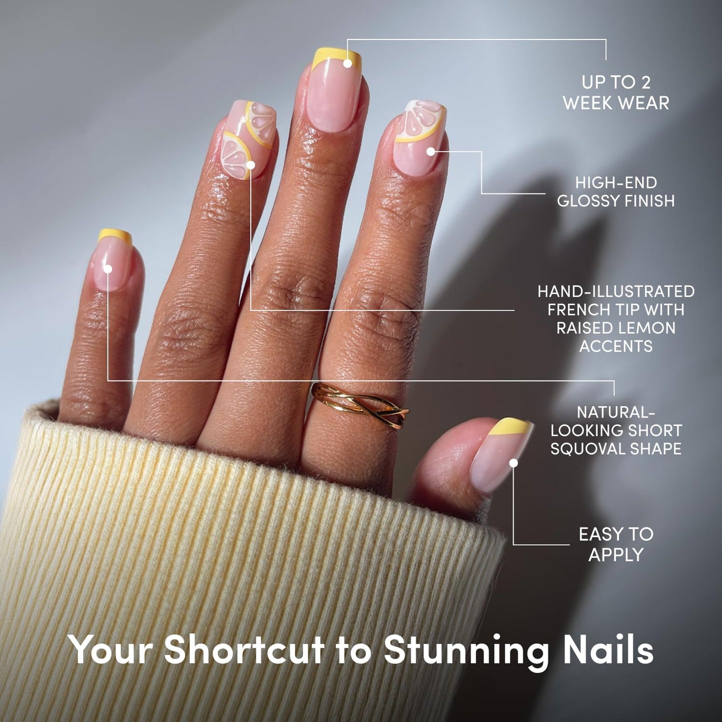 Glamnetic Press On Nails - Short Squoval Fake Nails with French Tips & Lemons | Salon Quality Summer Nails | Limonata |15 Sizes - 30 Nail Kit with Glue