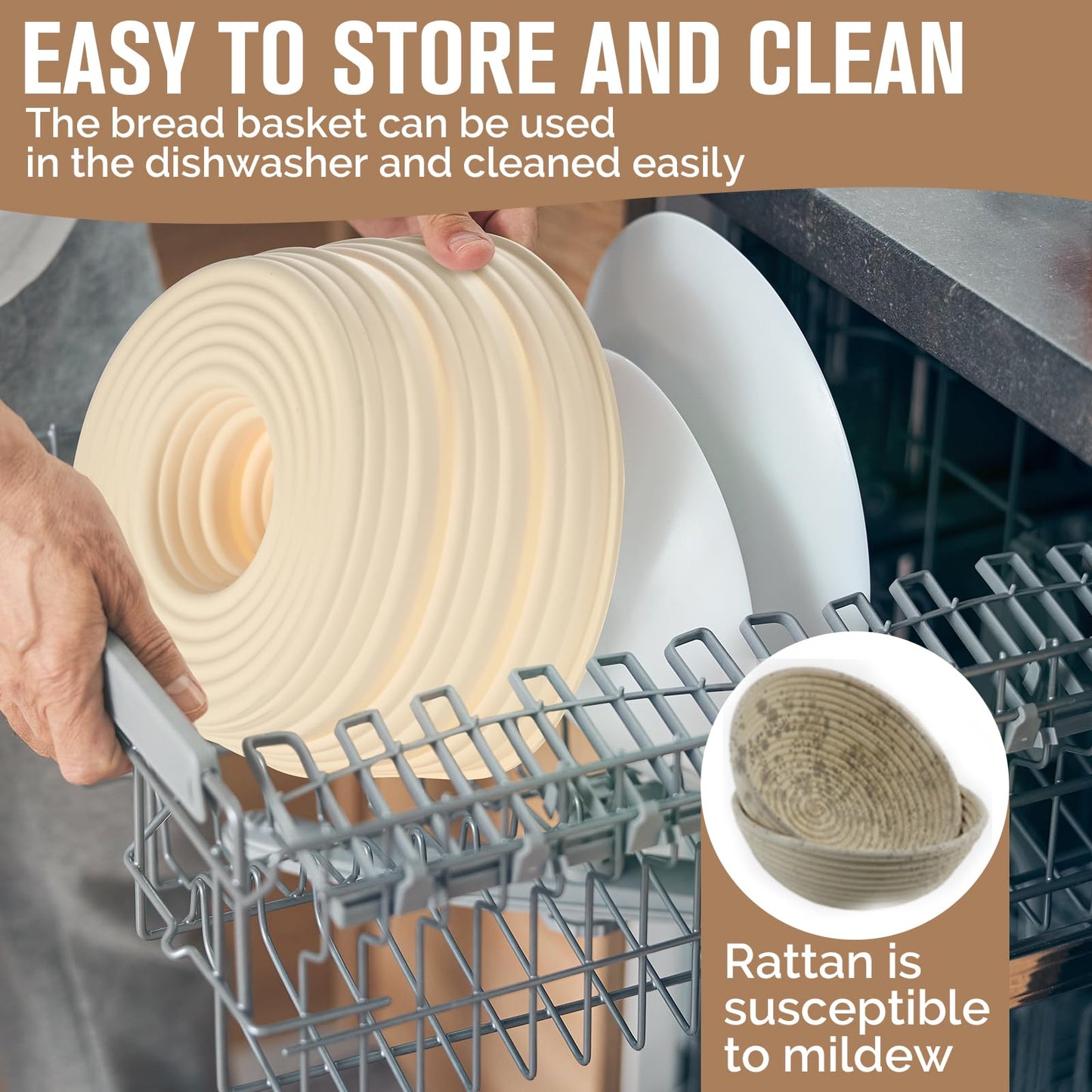 Silicone Bread Proofing Baskets, Collapsible Sourdough Baskets with Central Column, Non-Stick Round Dough Bowl, Oven & Dishwasher Safe (Beige, 9.2"L x 3.6"H)