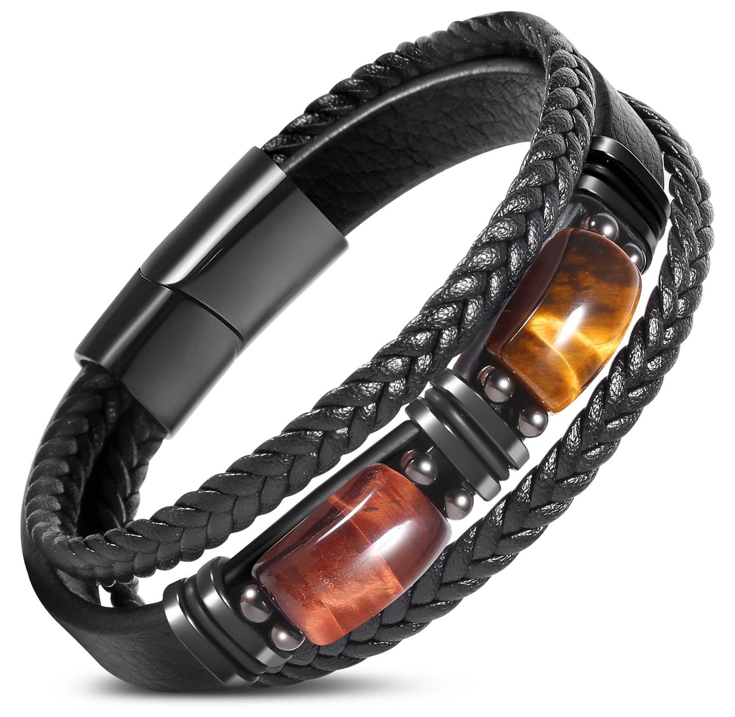 Enjoy Risingsun Tiger Eye Black Leather Bracelet Men Natural Tiger Eye Gemstone Crystal Stone Jewelry Handmade Courage And Stress Relief Protection Bracelet