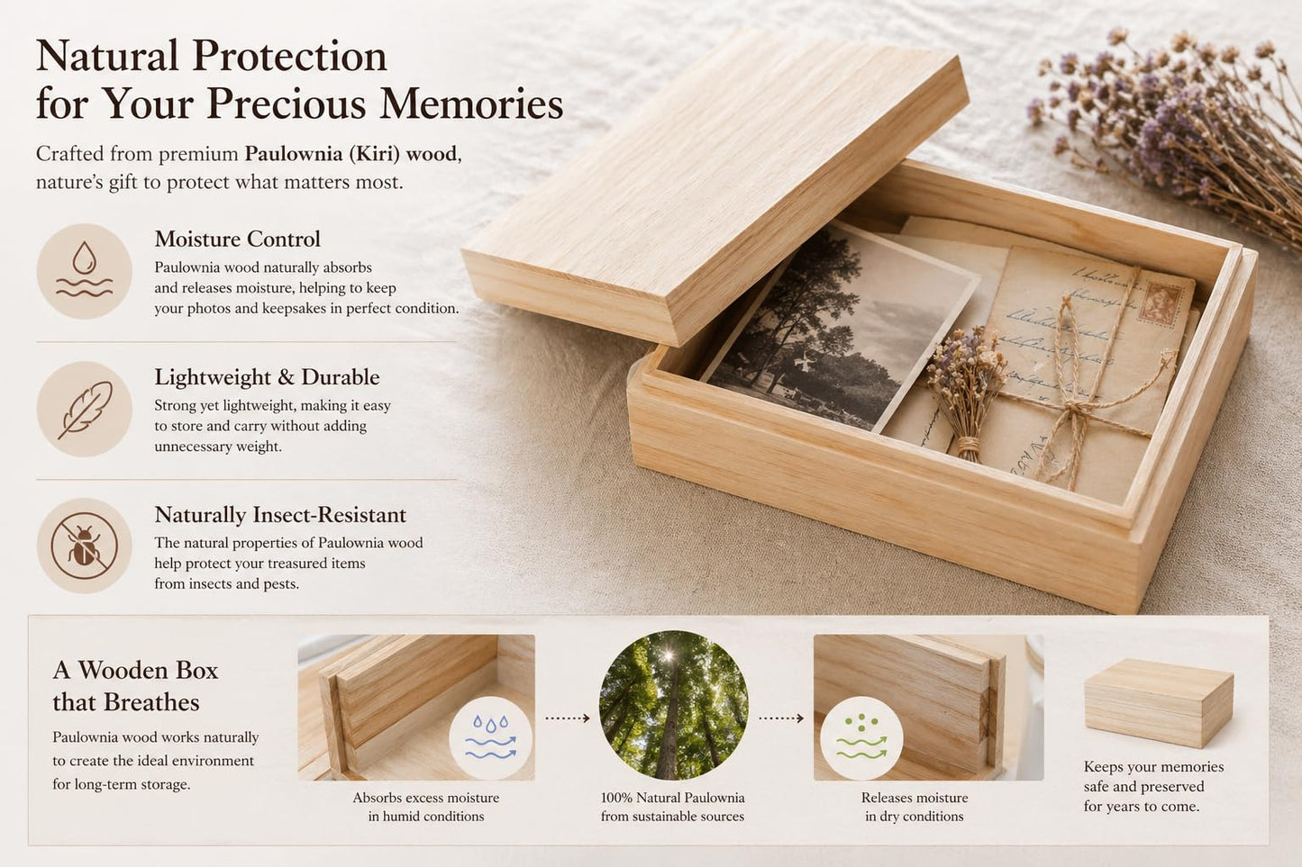 Wooden Keepsake Box for Photos & Memories – Japanese Kiribako Storage for Letters & Postcards (Small)