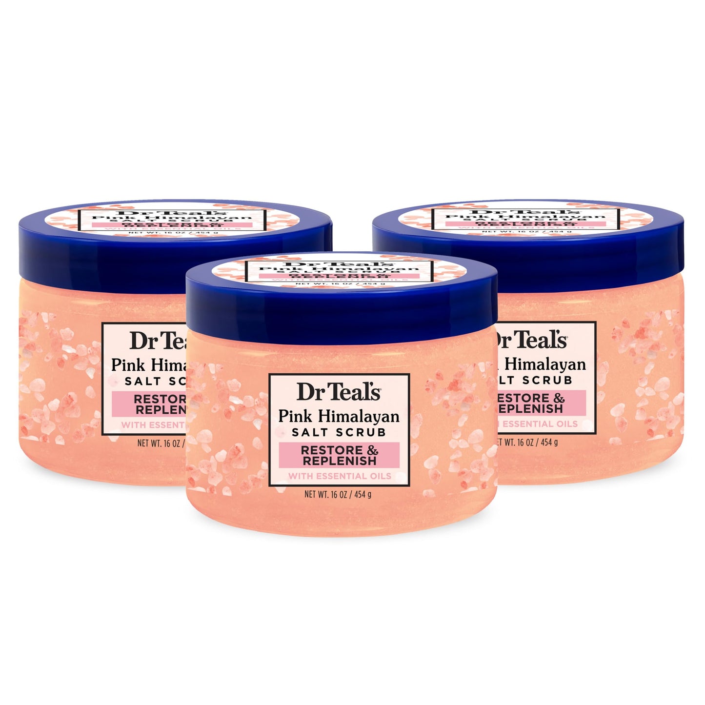 Dr Teal's Pink Himalayan Salt Body Scrub, Restore & Replenish with Pure Epsom Salt & Essential Oils, 16 oz (Pack of 3)