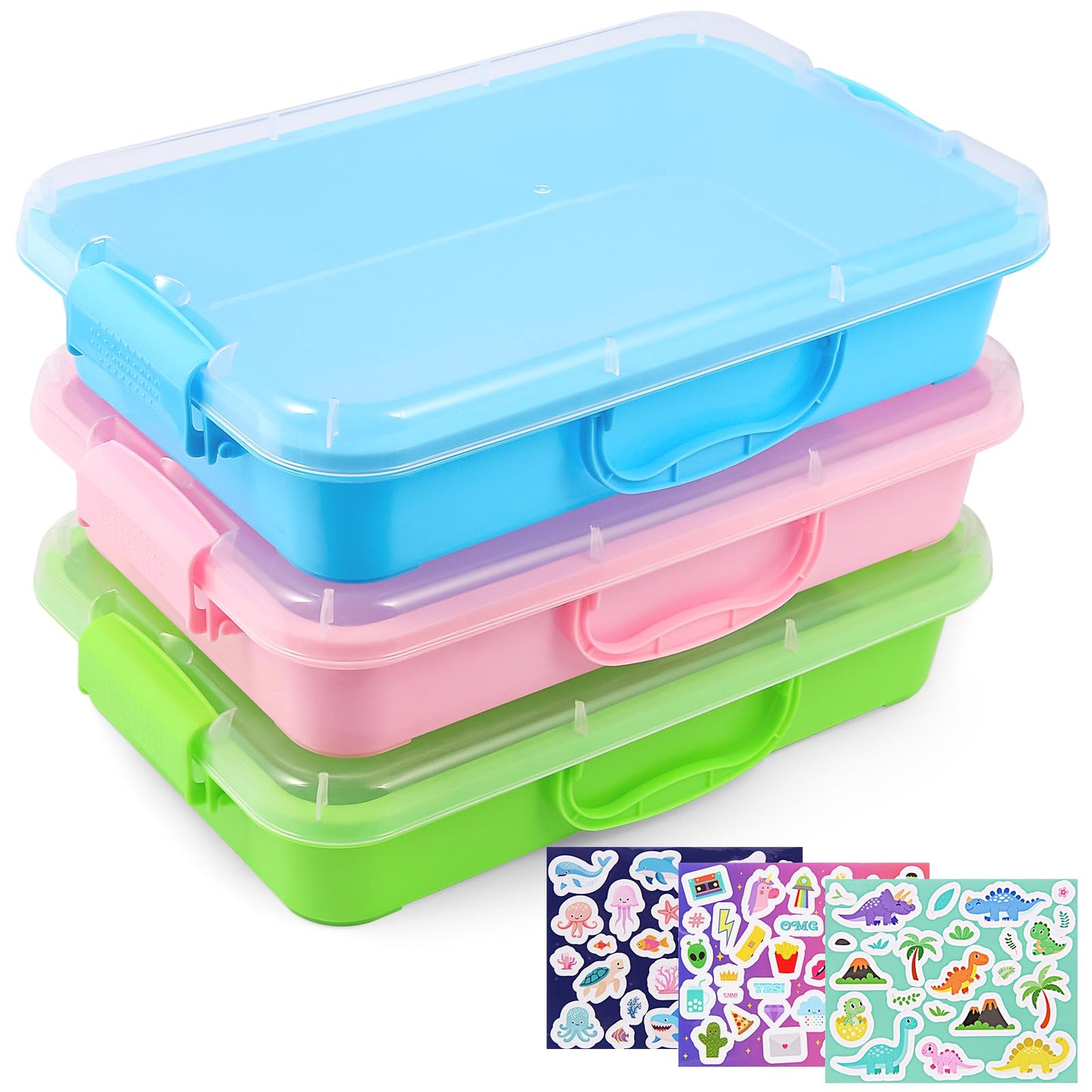 FIIOEOY 3 Pcs Sensory Bin Sand Tray with Lid & 3 Stickers, Stackable Plastic Storage Containers, Portable Sandbox Toy, Organizers for Toys, Sand, Arts, Crafts (Blue, Green, Pink)