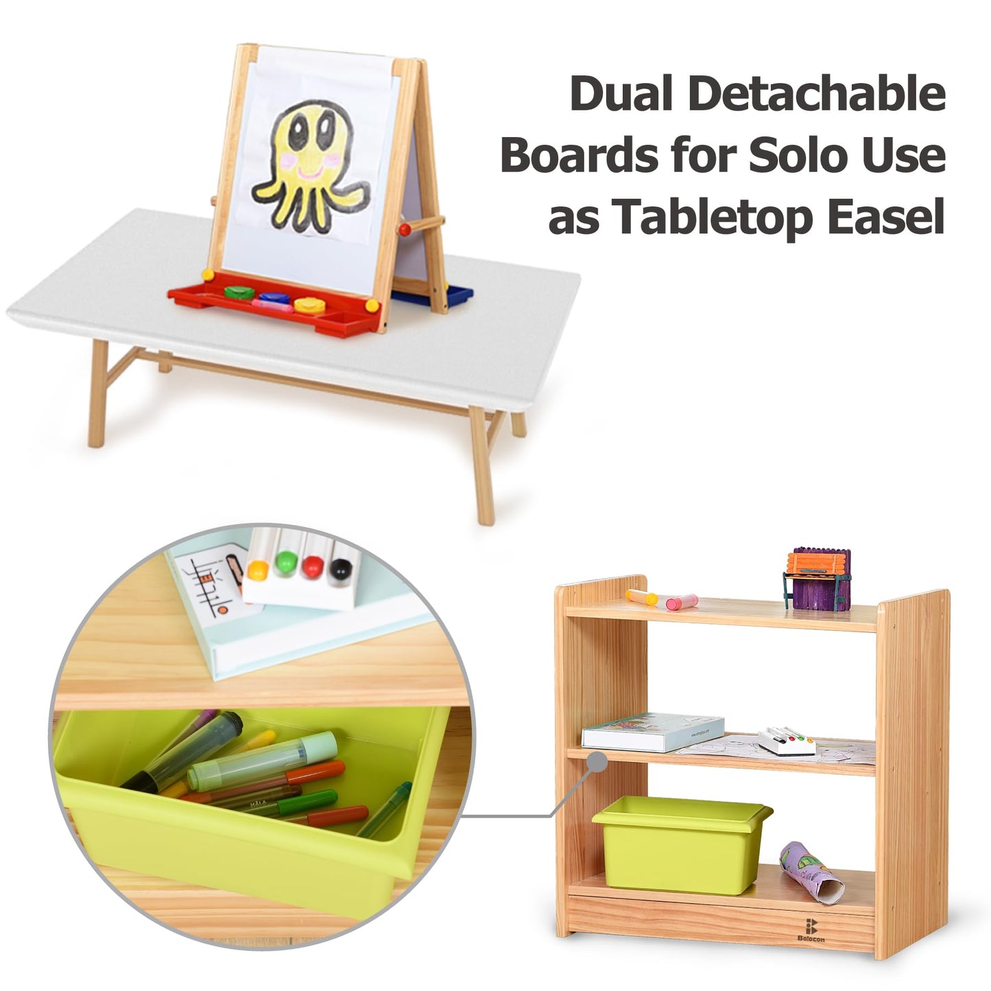Bolocon Dual-Sided Magnetic Art Easel, Wooden Activity Station w/ 2-Tier Storage Cabinet, Art Center for Toddlers, Classroom Whiteboard & Chalkboard