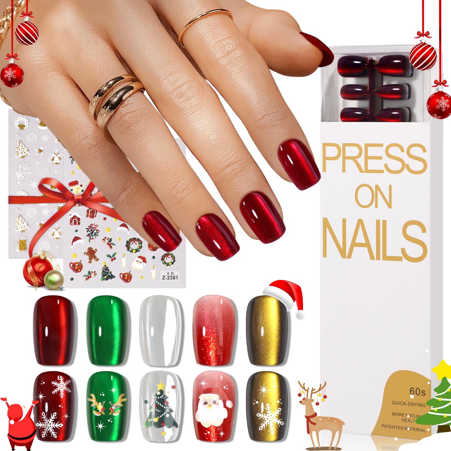 CUZIAM Christmas Press on Nails Short Square Set, 150pcs Jelly Glass Mirror Chrome Cat Eye Nails, Shimmer Snow White Glitter Cherry Red Ruby Holographic Elk Brown Sparkle Green Nails with Stickers