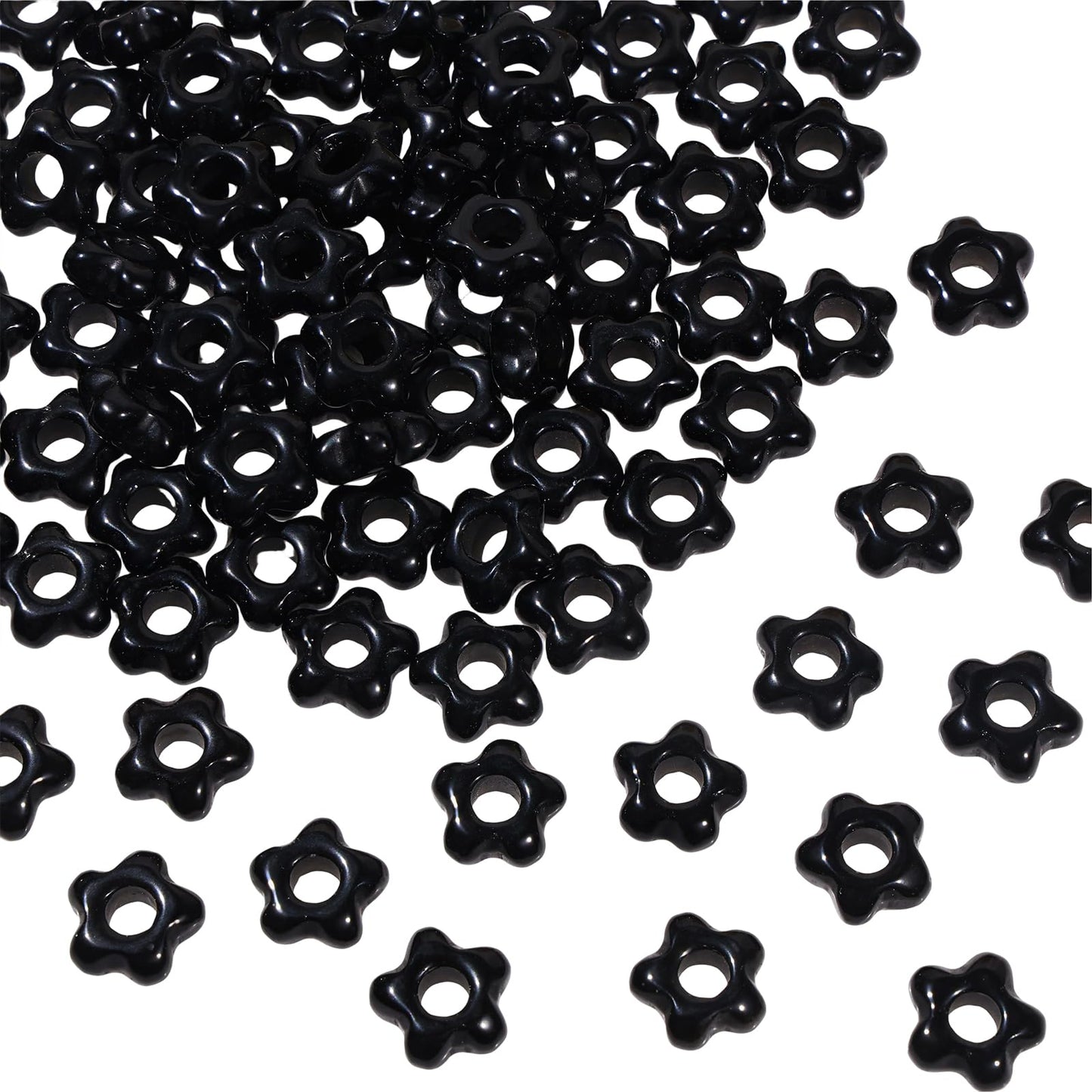 TUMBEELLUWA 10 Pcs Natural Crystal Flower Shaped Beads for Jewelry Making 5 mm, Black Obsidian Large Hole Beads for Crafts Macrame Hair Braids