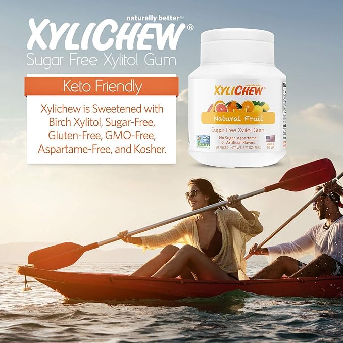 Xylichew 100% Xylitol Chewing Gum - Non GMO, Non Aspartame, Gluten Free, and Sugar Free Gum - Natural Oral Care, Relieves Bad Breath and Dry Mouth - Fruit, 60 Count