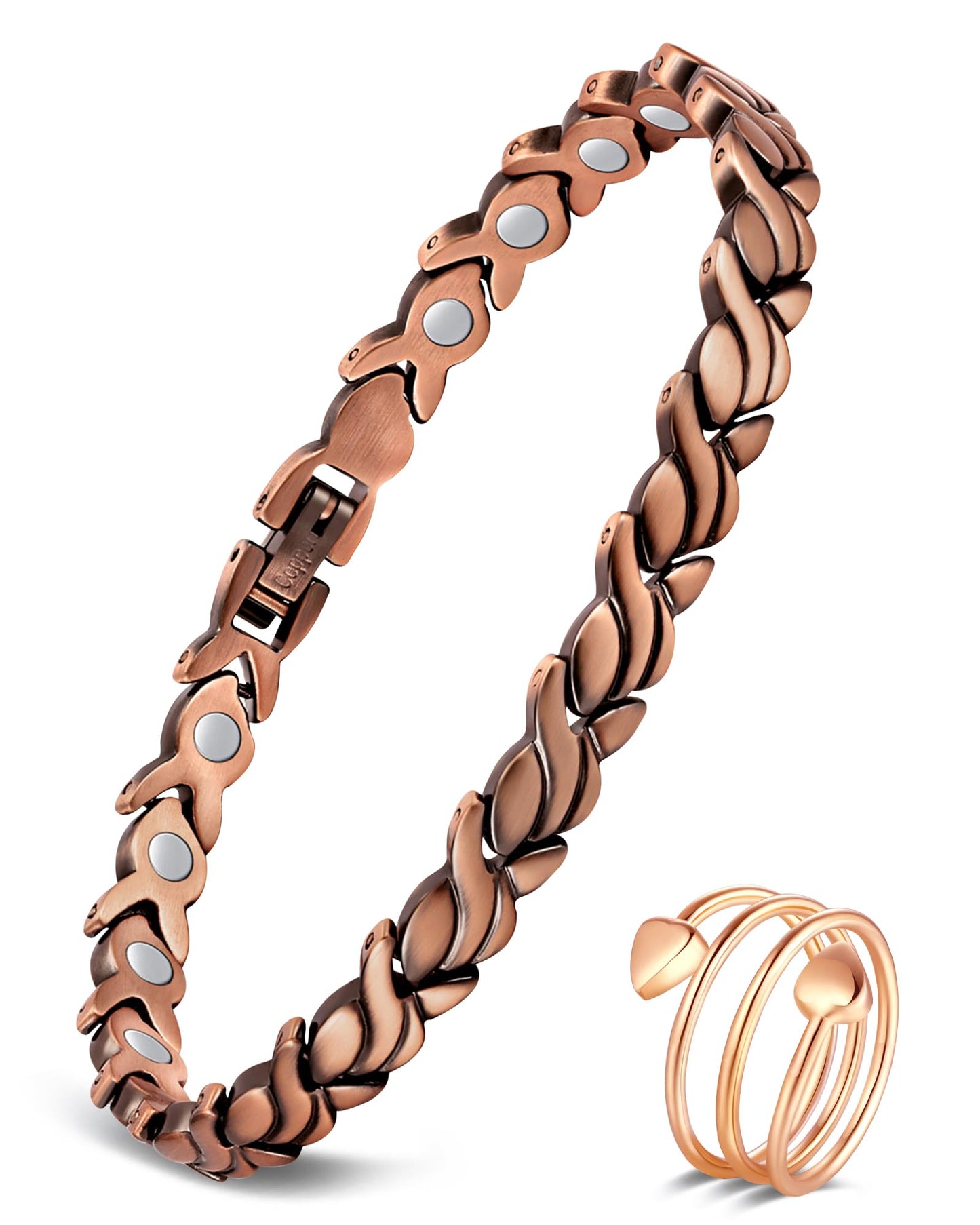 Feraco Copper Bracelet for Women 99.99% Solid Copper Magnetic Bracelets, Unique X Shape Links, Magnetic Field Therapy Jewelry Gifts (Fishtail + Ring)