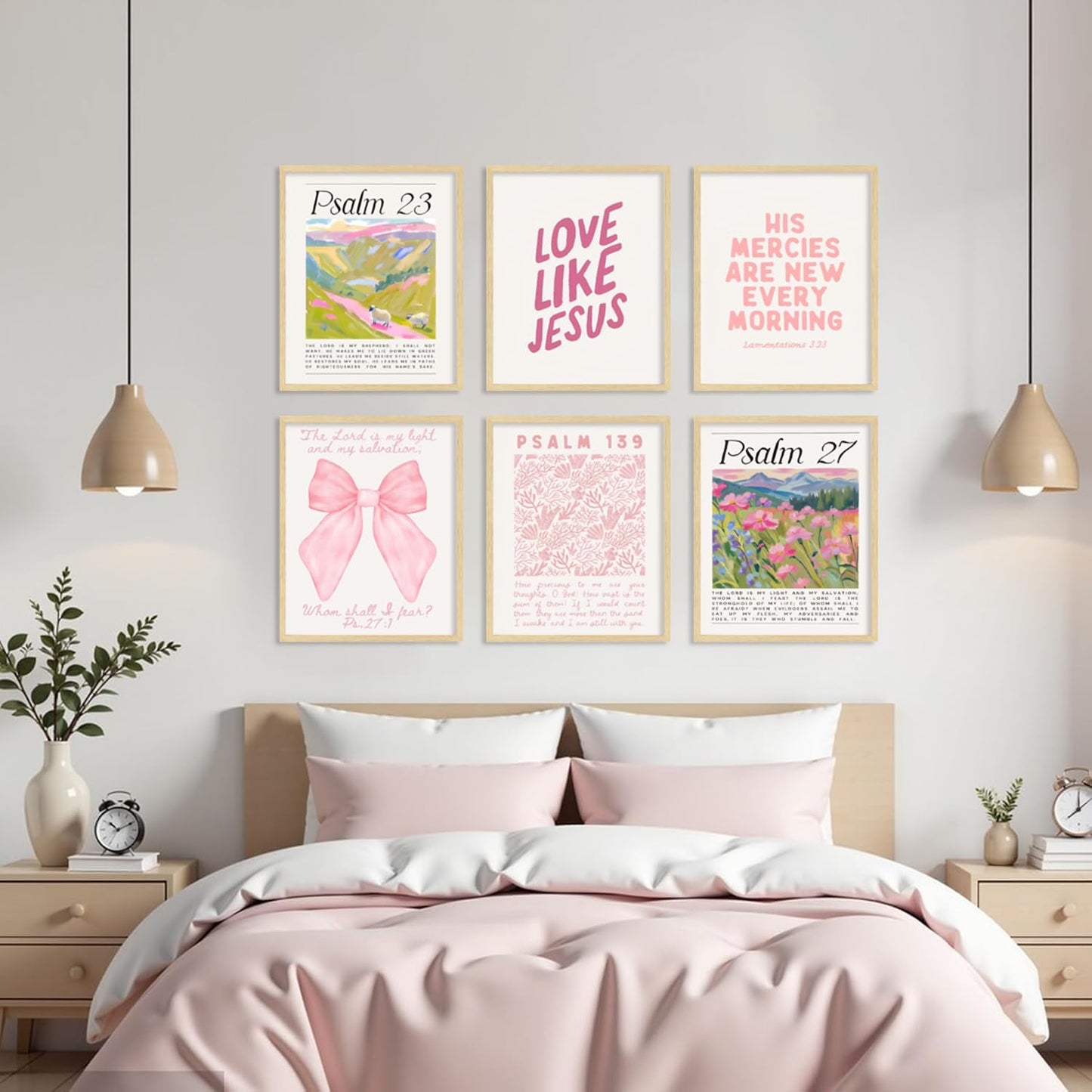 Pink Christian Posters Wall Art Set of 6 Bible Verse Canvas Wall Decor Religious Pictures Prints Scripture Bundle Bow Artwork Girls Room Trendy Preppy Painting Home Decoration 8x10 Inch Unframed