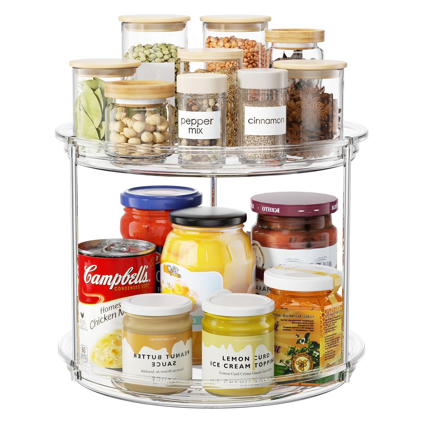 LazySpin 2 Tier Lazy Susan Organizer, 9.25'' Lazy Susan Turntable for Cabinet, Stackable Turntable Organizer Rotating Spice Rack Organization for Kitchen Countertop, Pantry, Bathroom, Clear