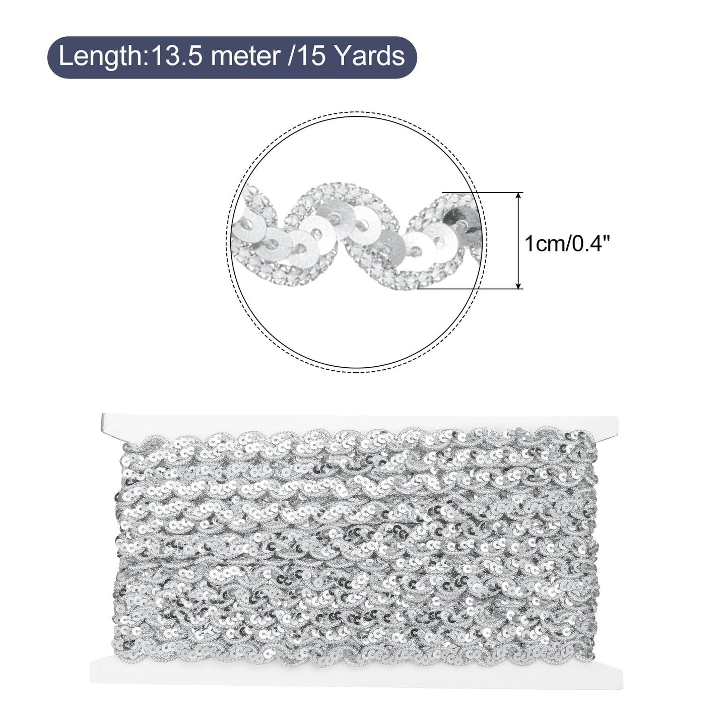 MECCANIXITY 15 Yards Sewing Sequin Trim 0.4 Inch Sequin Braid Beaded Lace Trim Strip Paillette Ribbon for Crafts, Embellishments, DIY Sewing Costume Silver