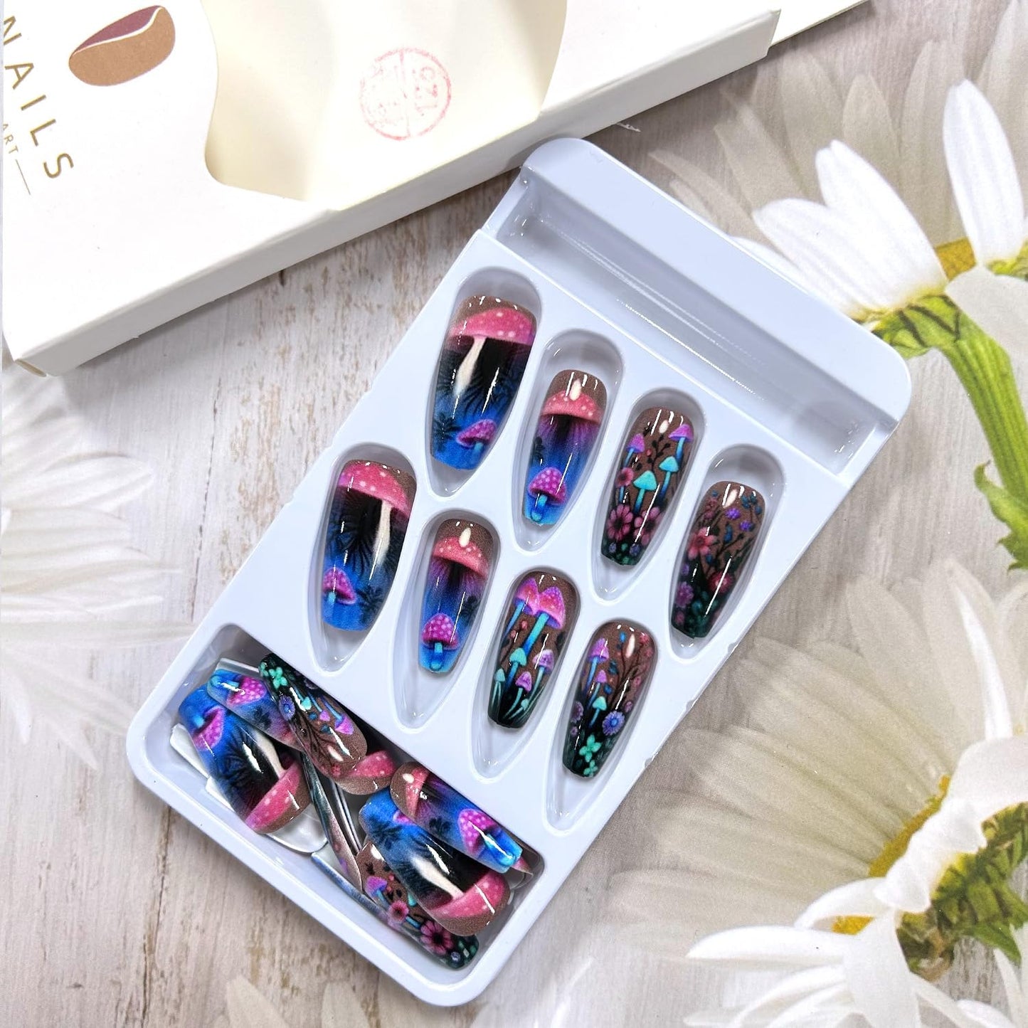 CJDLTS Mushroom Press on Nails Medium Ballet Shaped False Nails Fantasy Mushrooms and Flower Pattern Design Glitter Nails Full Cover Colorful Stick on Nails Artificial Acrylic Press Nails for Women